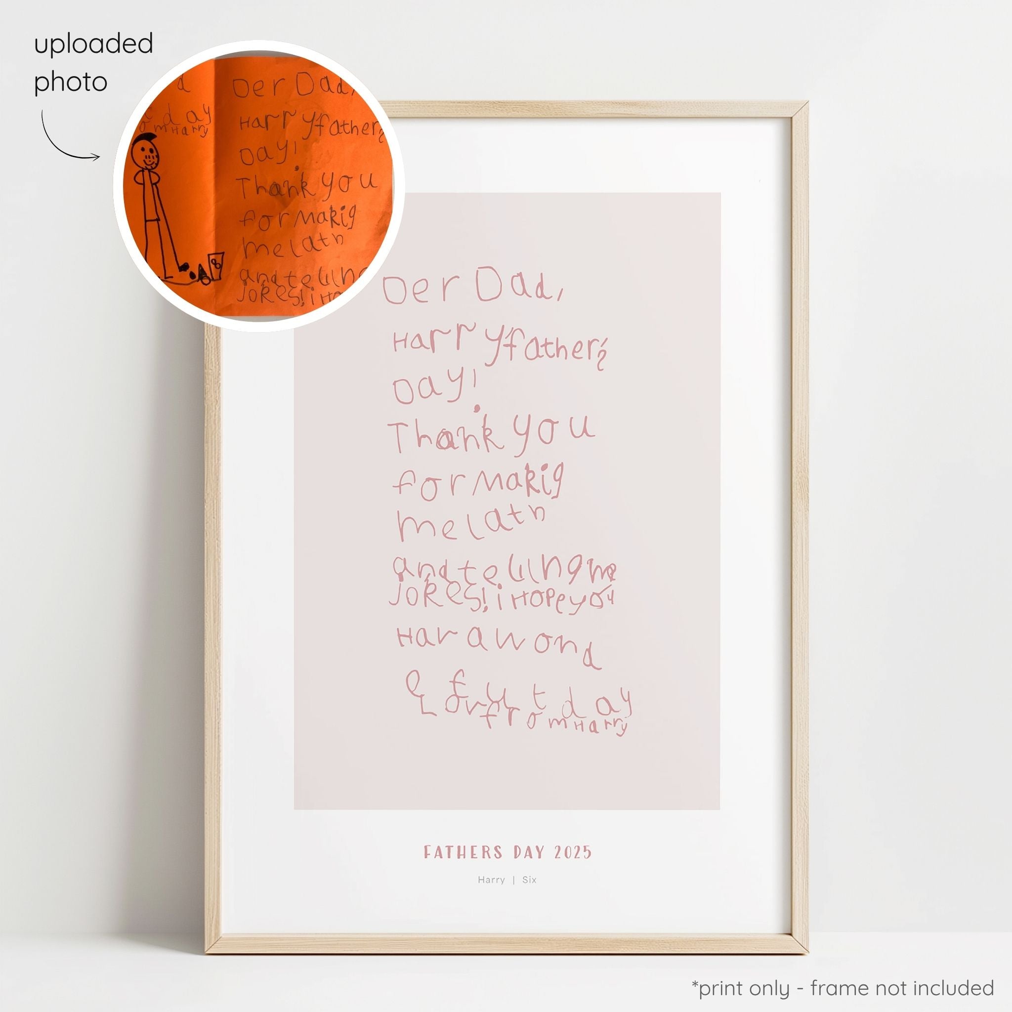 Framed berry abstract line art print of a child's drawing on a blush background with a close-up inset of the original drawing.