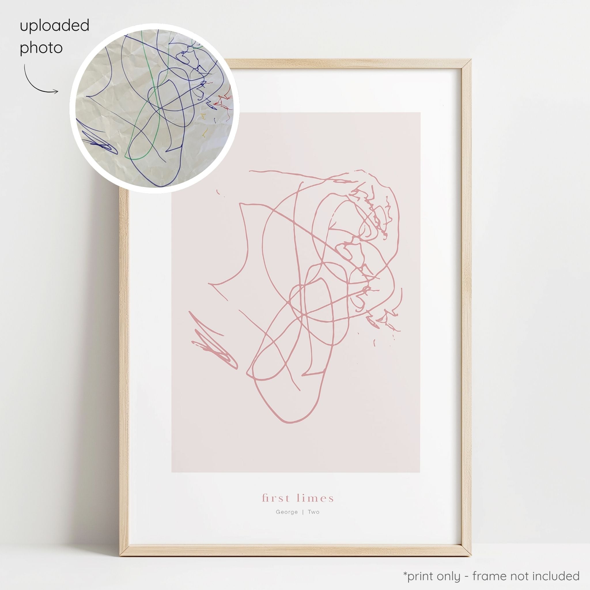 Framed berry abstract line art print of a child's drawing on a blush background with a close-up inset of the original drawing.