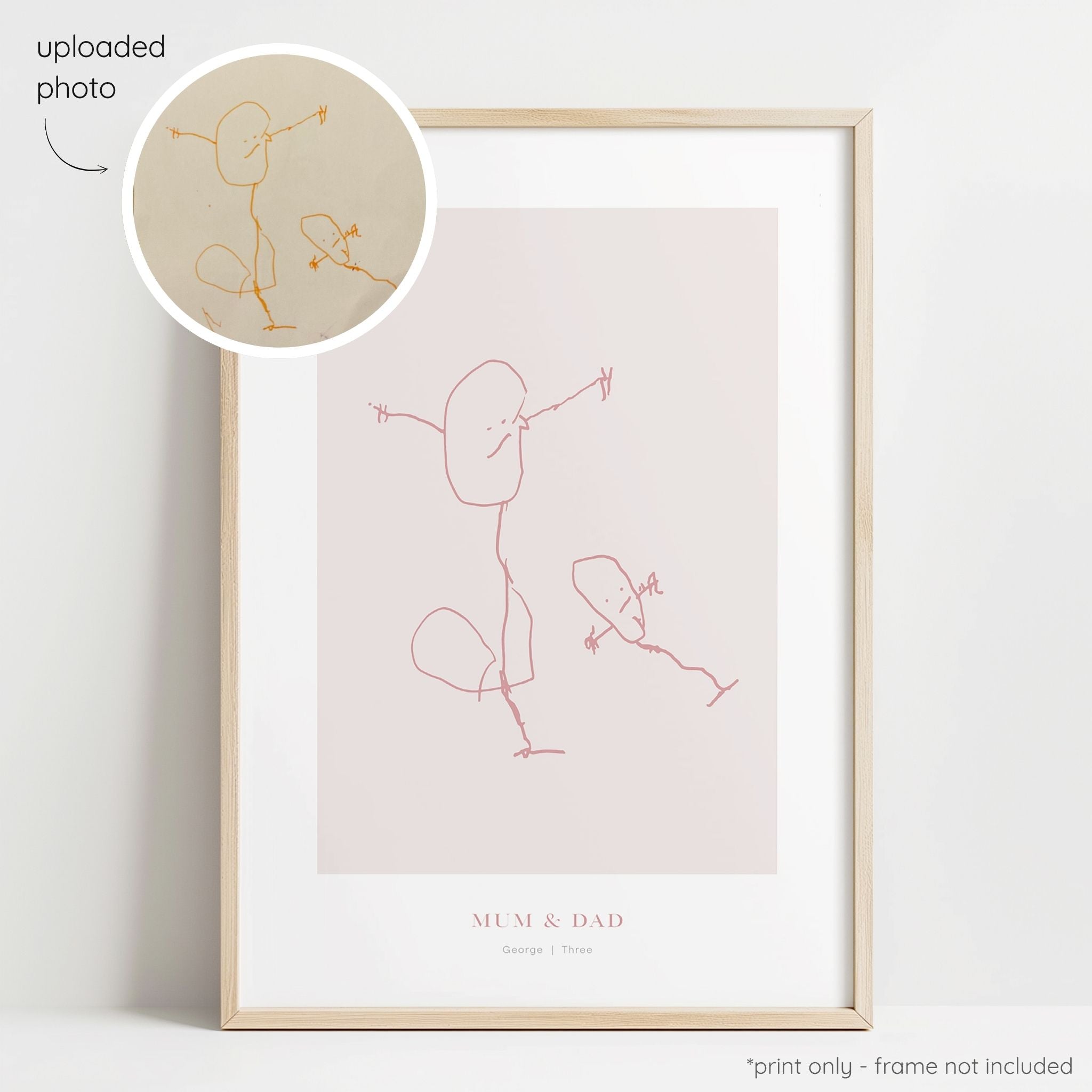 Framed berry abstract line art print of a child's drawing on a blush background with a close-up inset of the original drawing.
