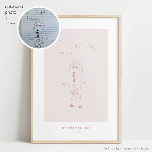 Framed berry abstract line art print of a child's drawing on a blush background with a close-up inset of the original drawing.