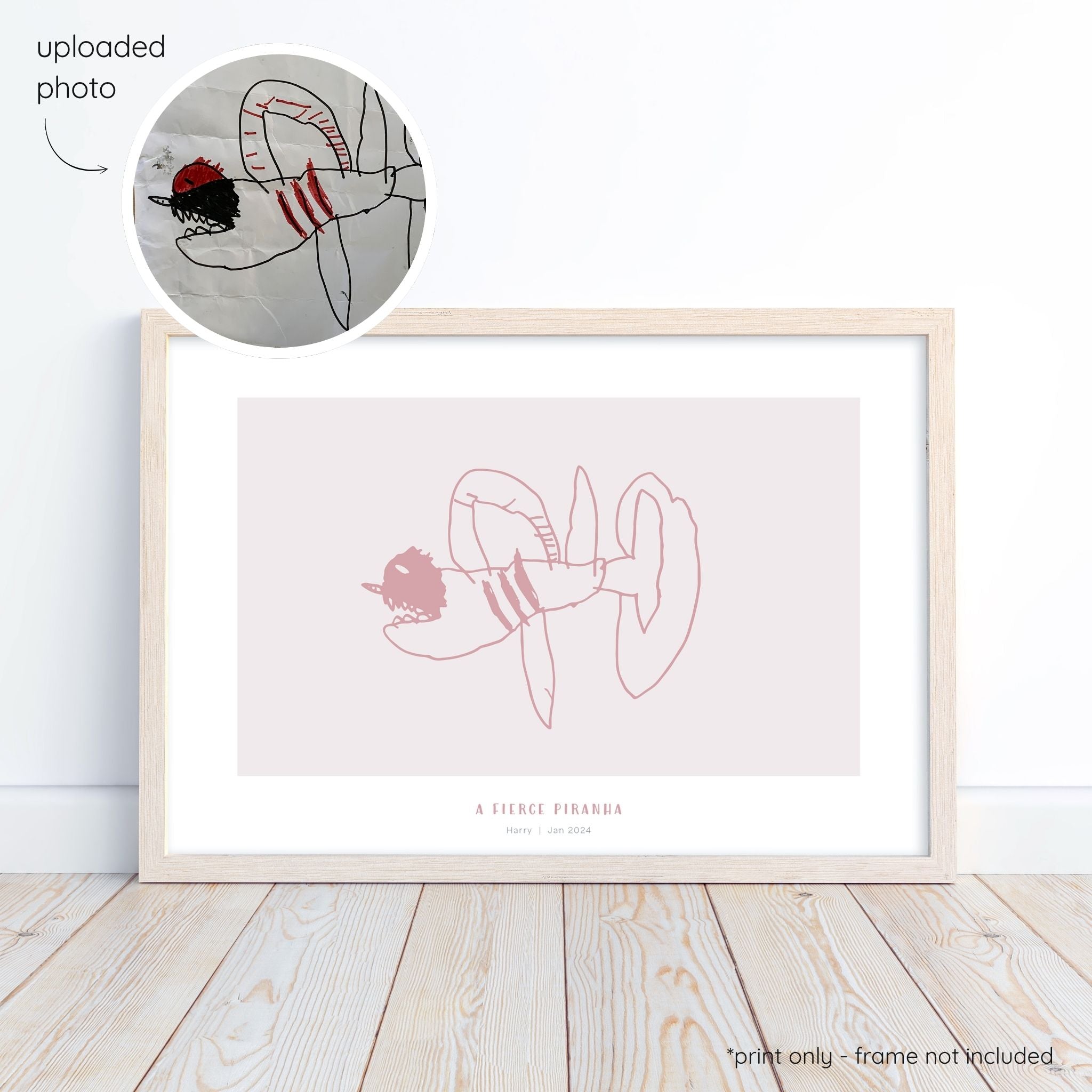 Framed berry abstract line art print of a child's drawing on a blush background with a close-up inset of the original drawing.