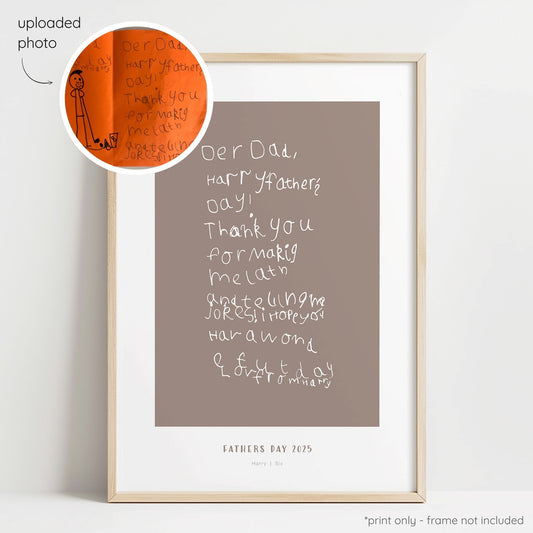 Framed abstract line art print of a child's drawing on a cocoa background with a close-up inset of the original drawing.