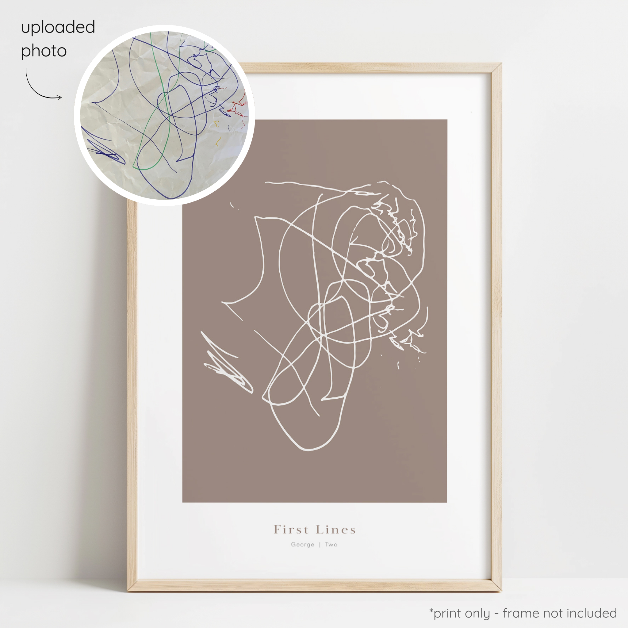 Framed abstract line art print of a child's drawing on a cocoa background with a close-up inset of the original drawing.