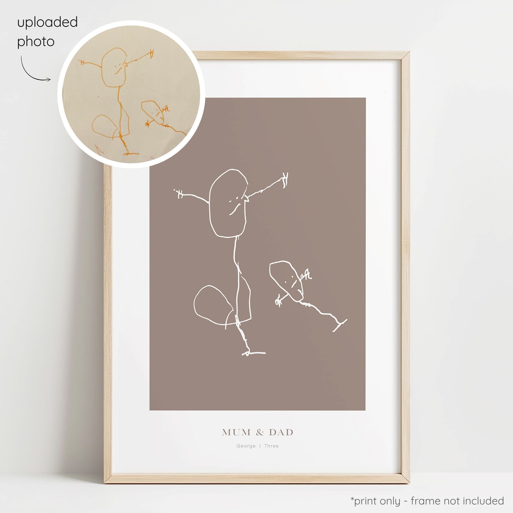 Framed abstract line art print of a child's drawing on a cocoa background with a close-up inset of the original drawing.