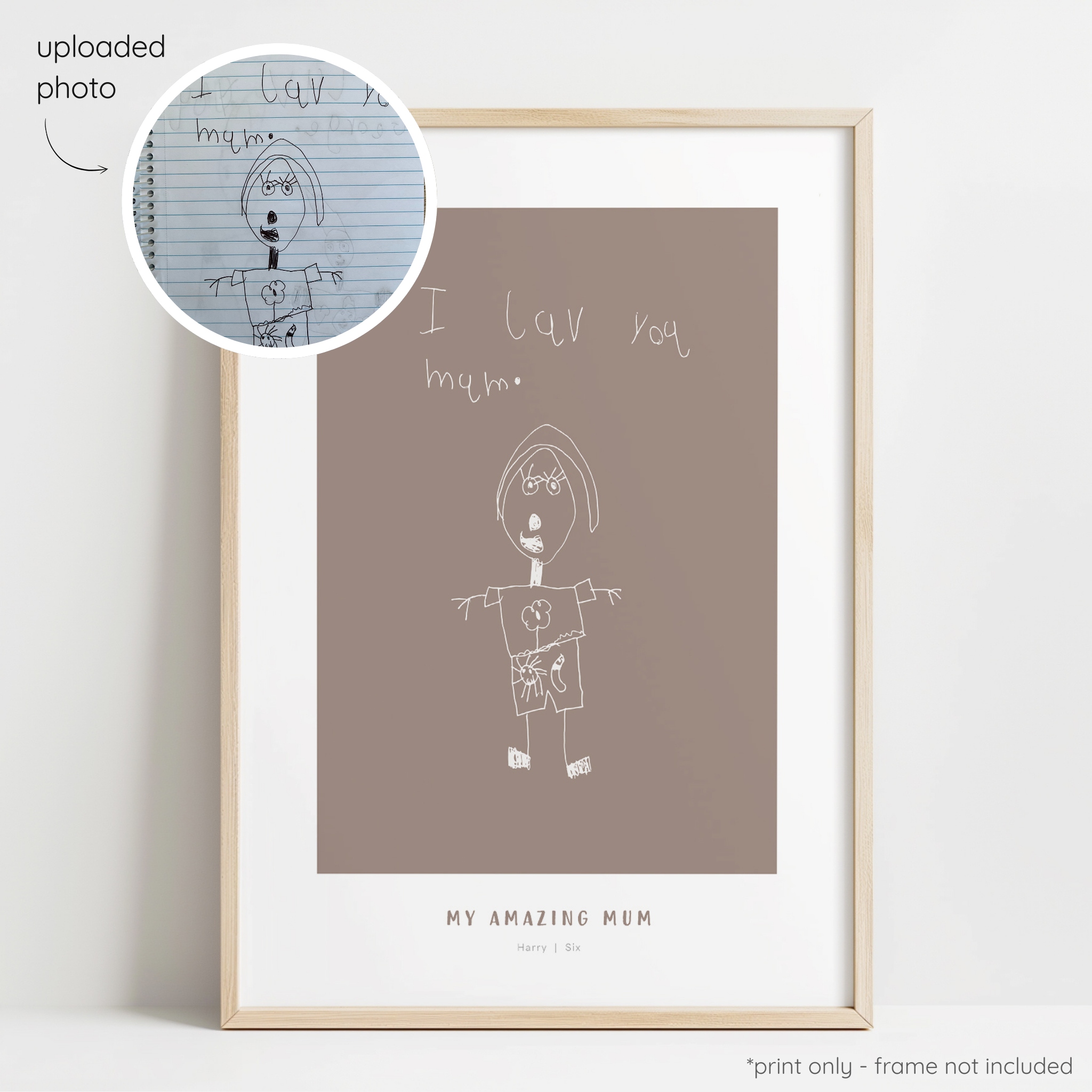 Framed abstract line art print of a child's drawing on a cocoa background with a close-up inset of the original drawing.