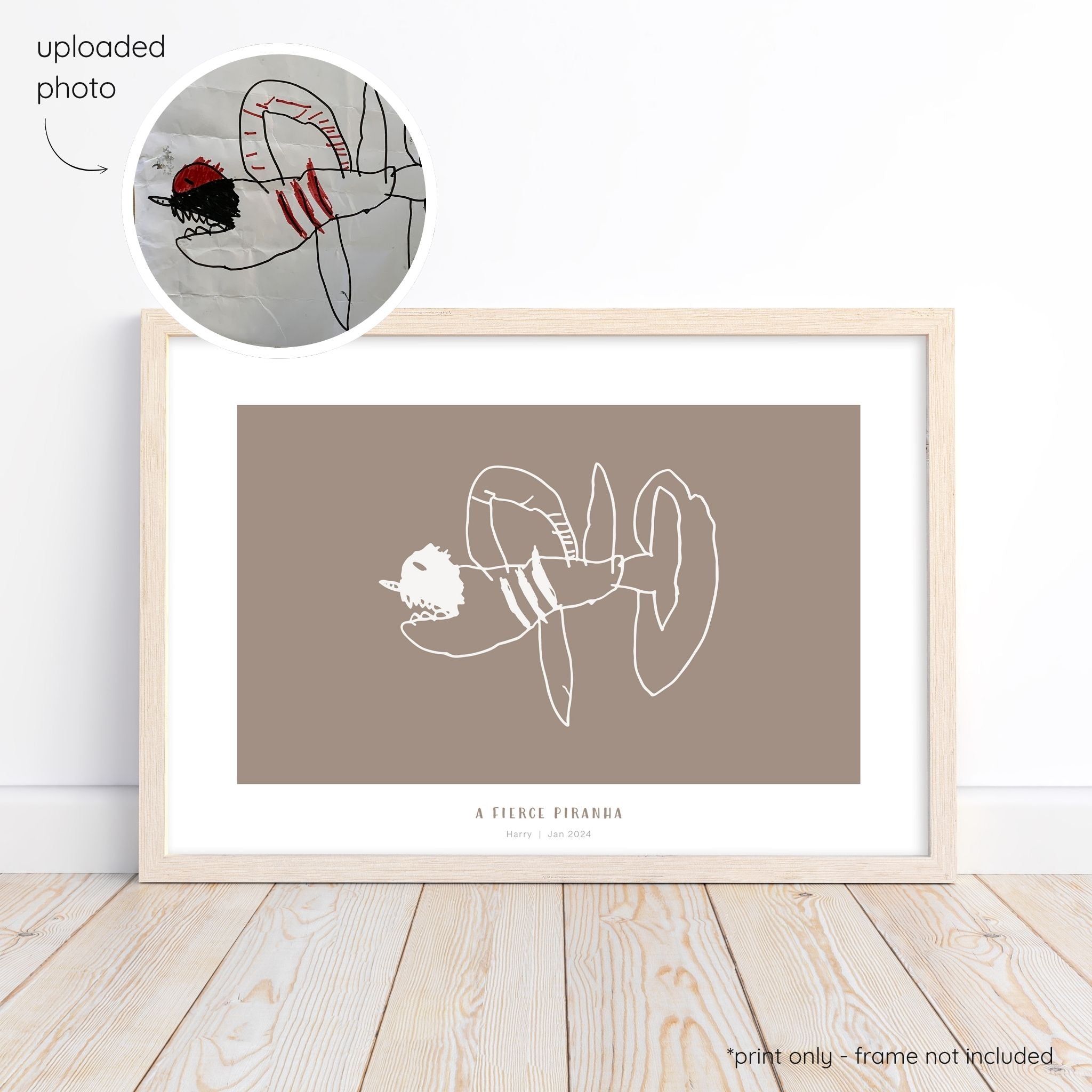 Framed abstract line art print of a child's drawing on a cocoa background with a close-up inset of the original drawing.