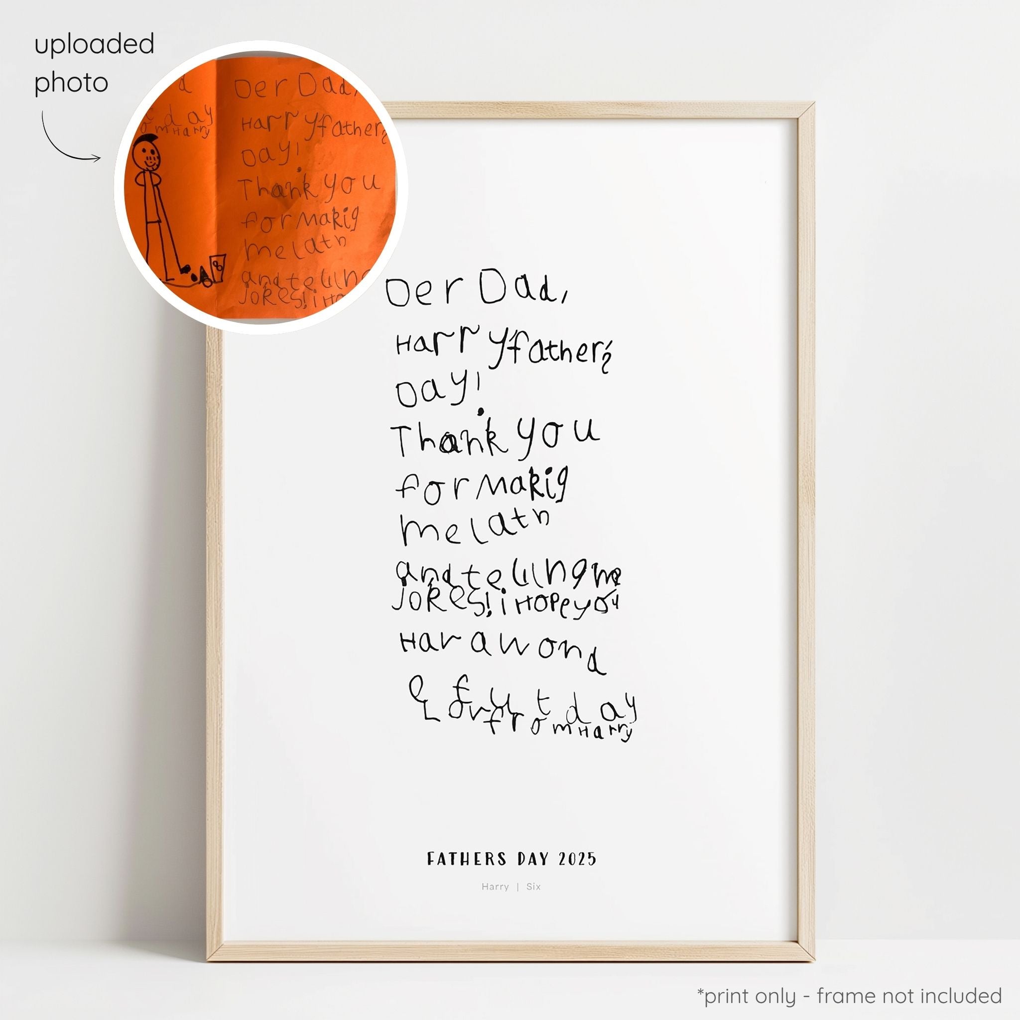 Framed black abstract line art print of a child's drawing on a white background with a close-up inset of the original drawing.