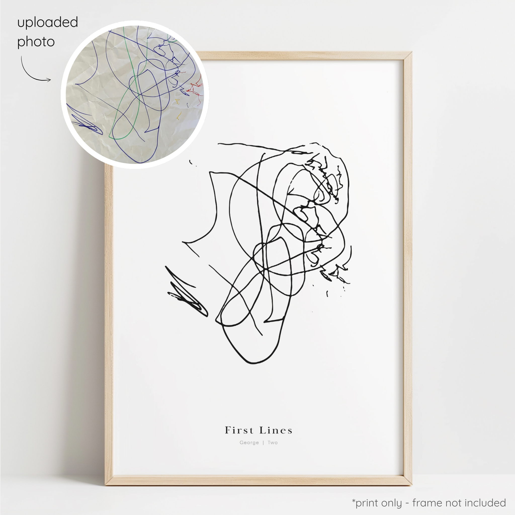 Framed black abstract line art print of a child's drawing on a white background with a close-up inset of the original drawing.
