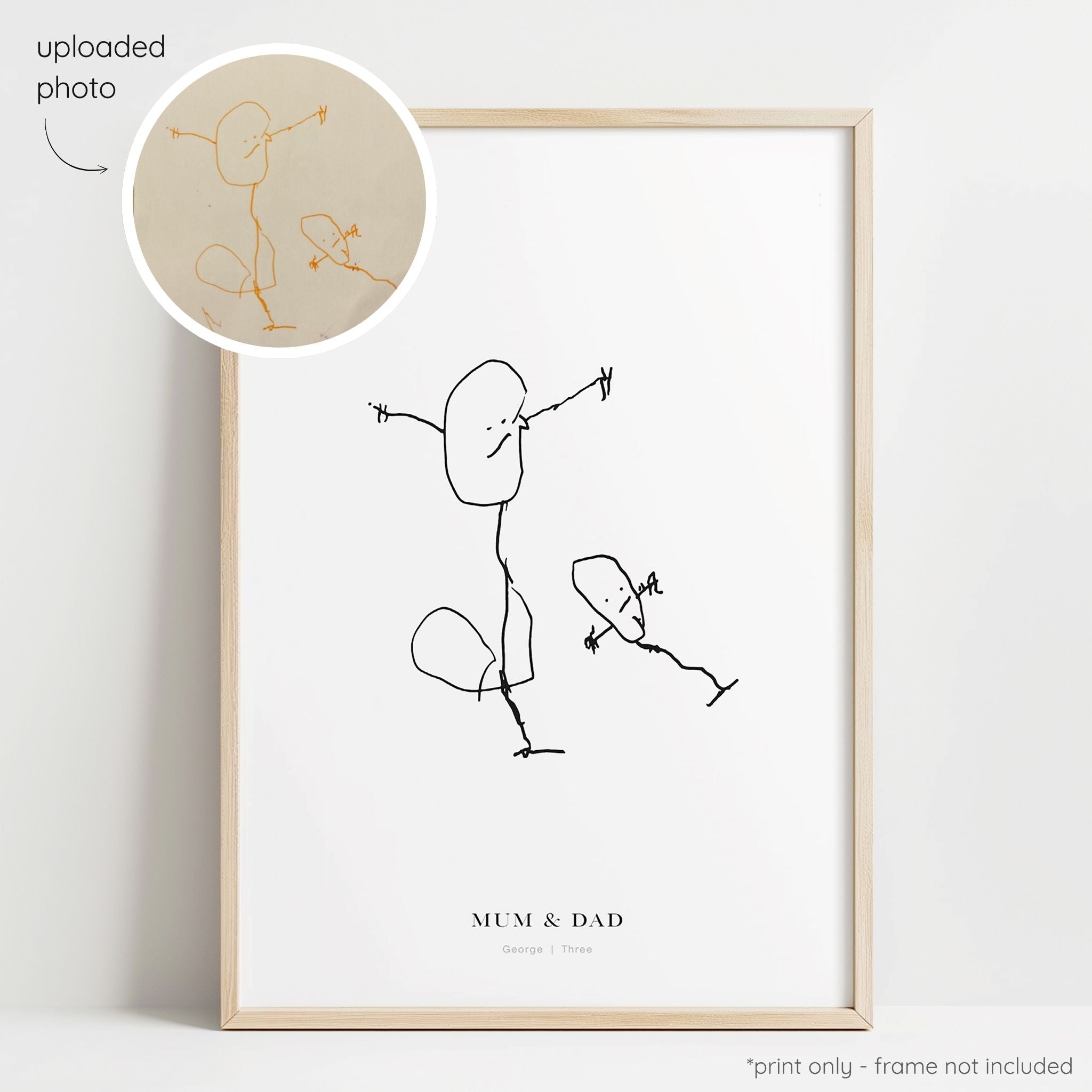 Framed black abstract line art print of a child's drawing on a white background with a close-up inset of the original drawing.