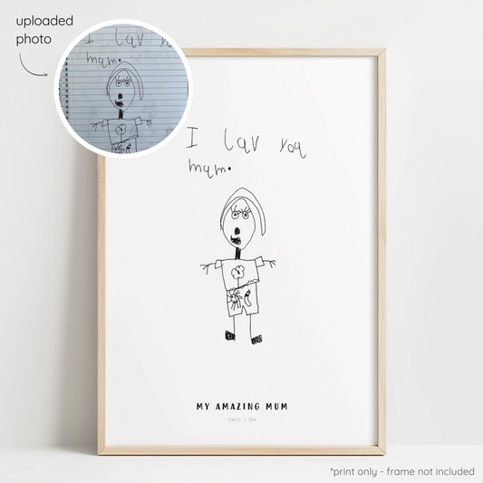Framed black abstract line art print of a child's drawing on a white background with a close-up inset of the original drawing.