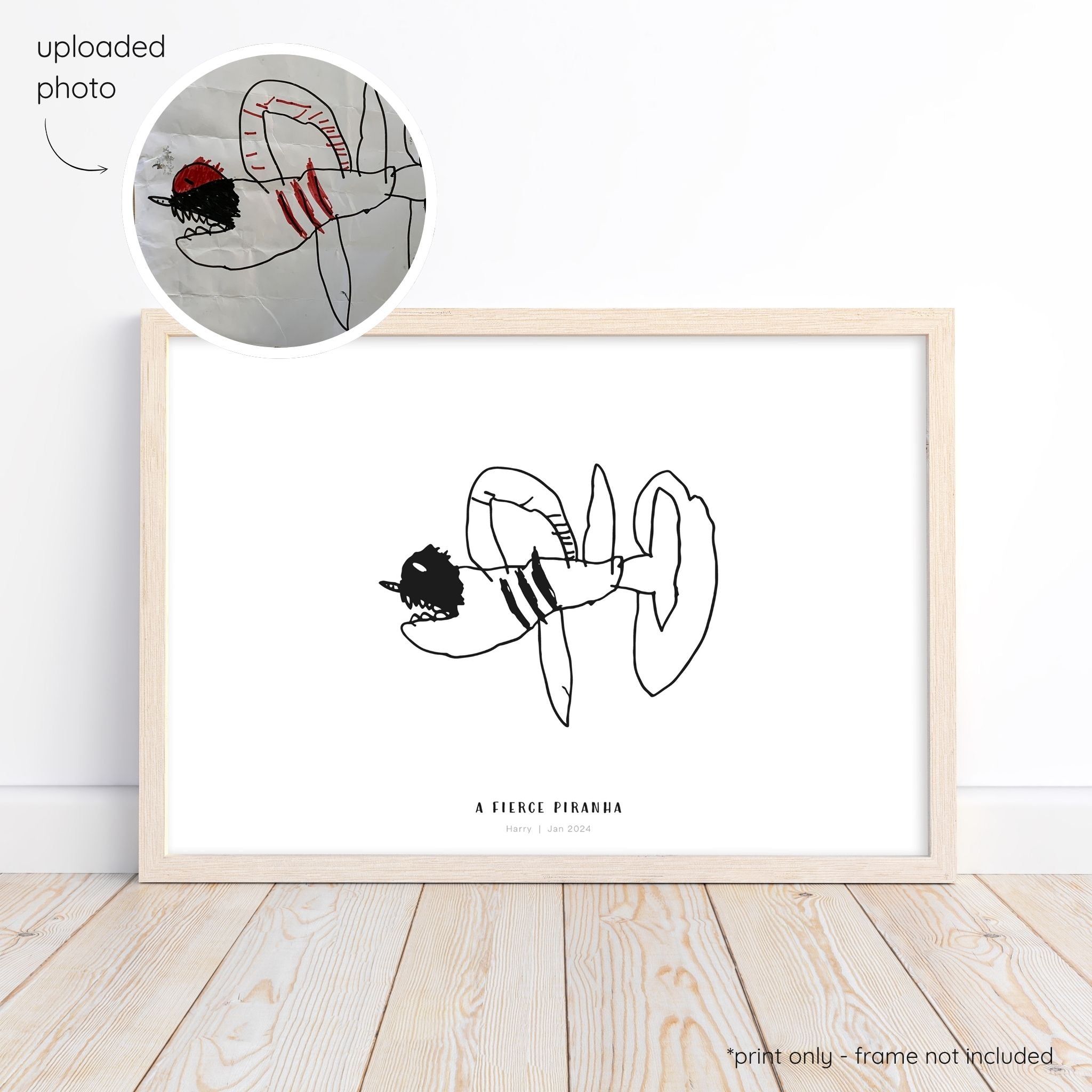 Framed black abstract line art print of a child's drawing on a white background with a close-up inset of the original drawing.