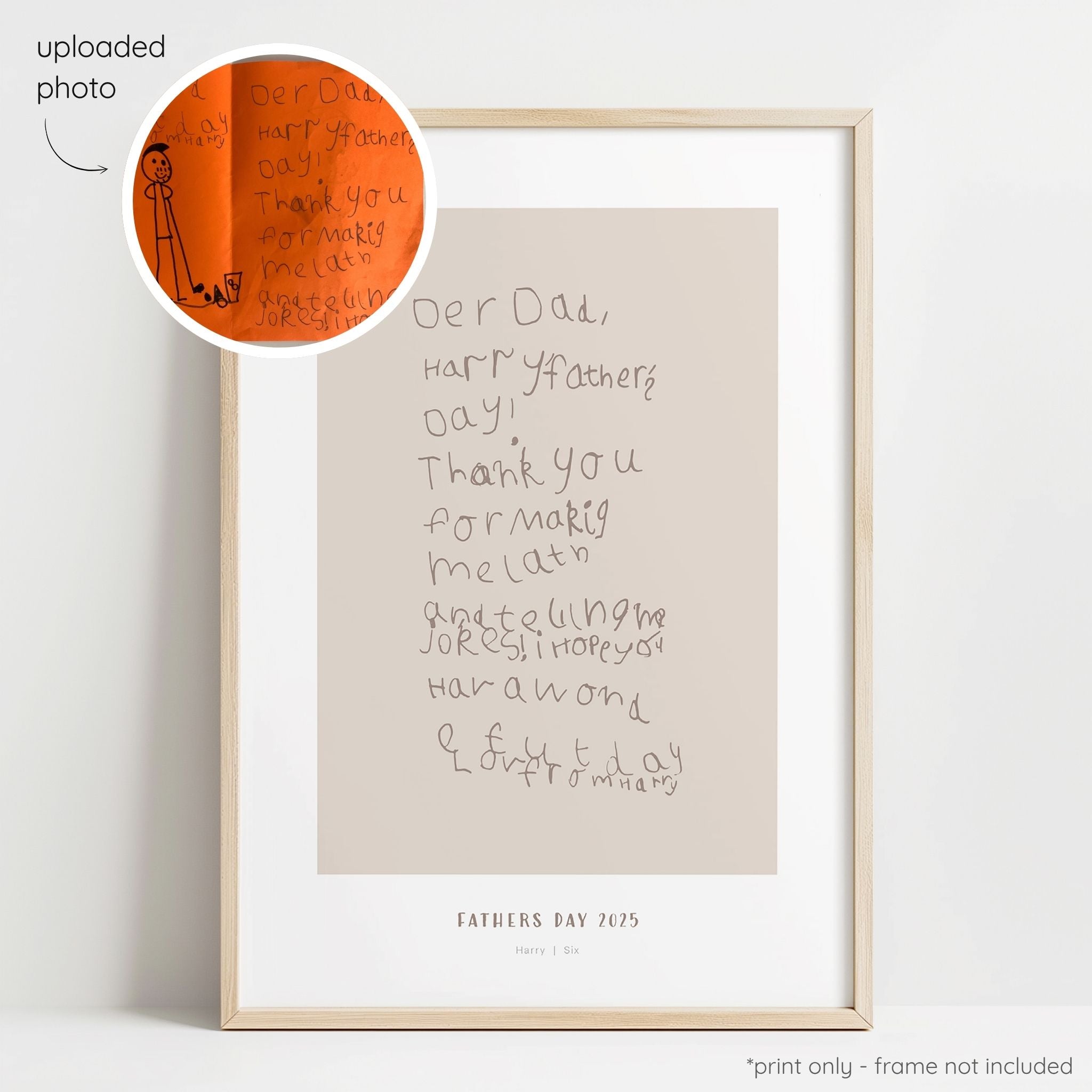 Framed mocha abstract line art print of a child's drawing on a mushroom background with a close-up inset of the original drawing.