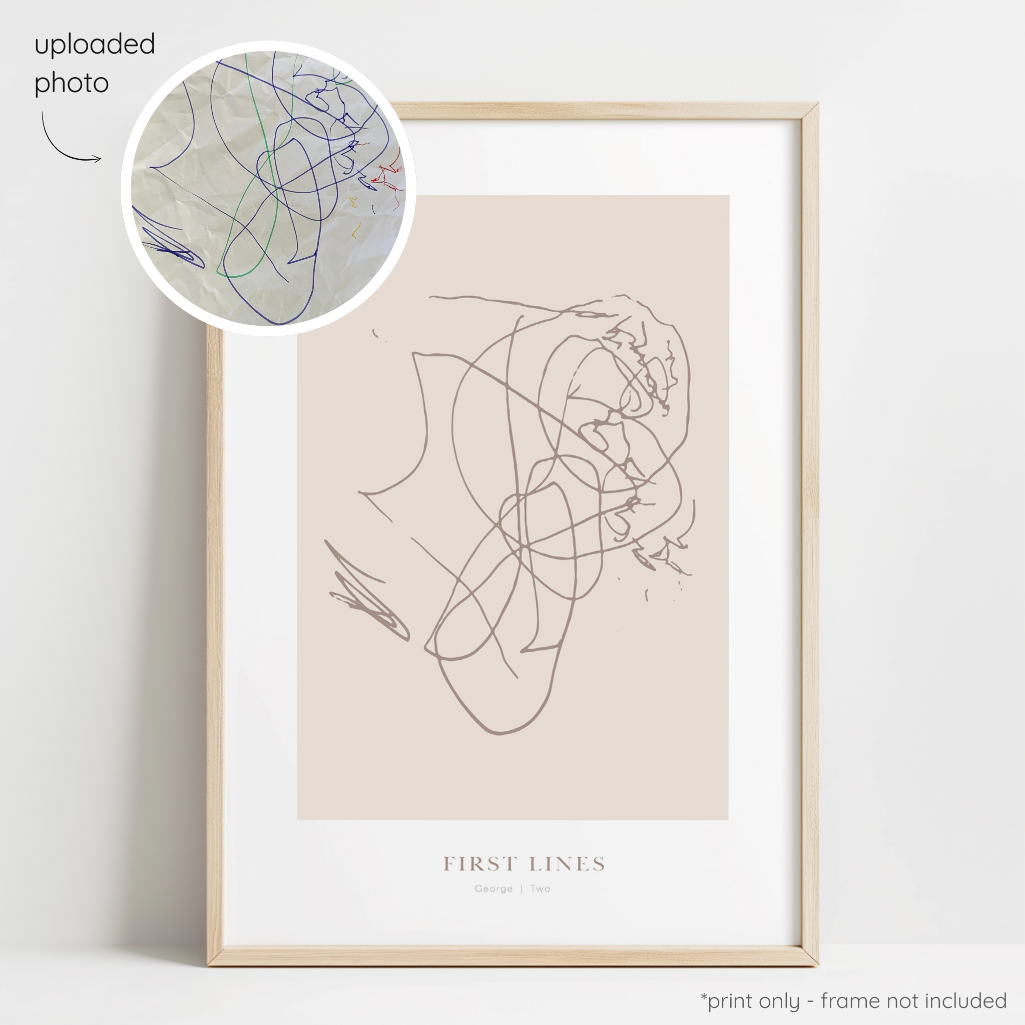 Framed mocha abstract line art print of a child's drawing on a mushroom background with a close-up inset of the original drawing.