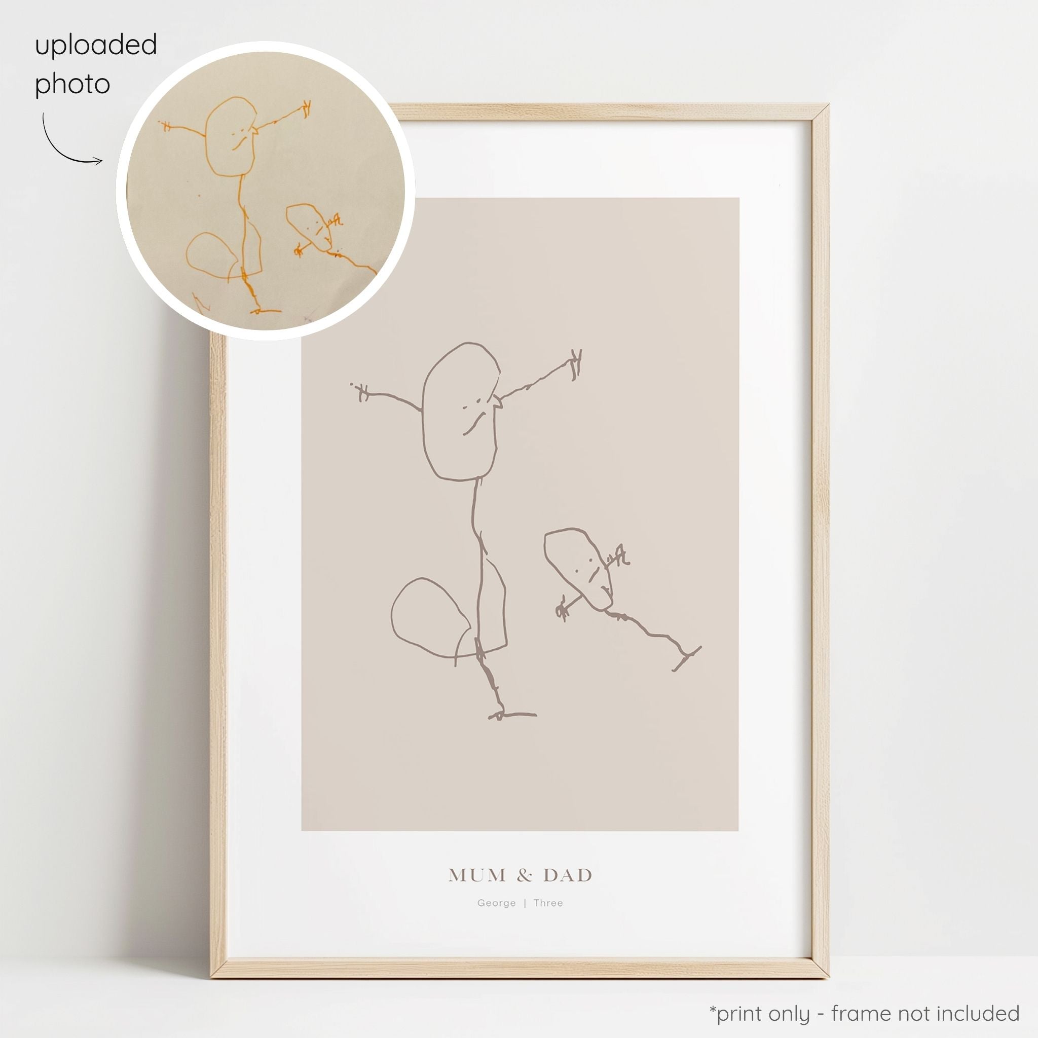 Framed mocha abstract line art print of a child's drawing on a mushroom background with a close-up inset of the original drawing.