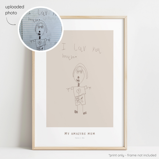 Framed mocha abstract line art print of a child's drawing on a mushroom background with a close-up inset of the original drawing.