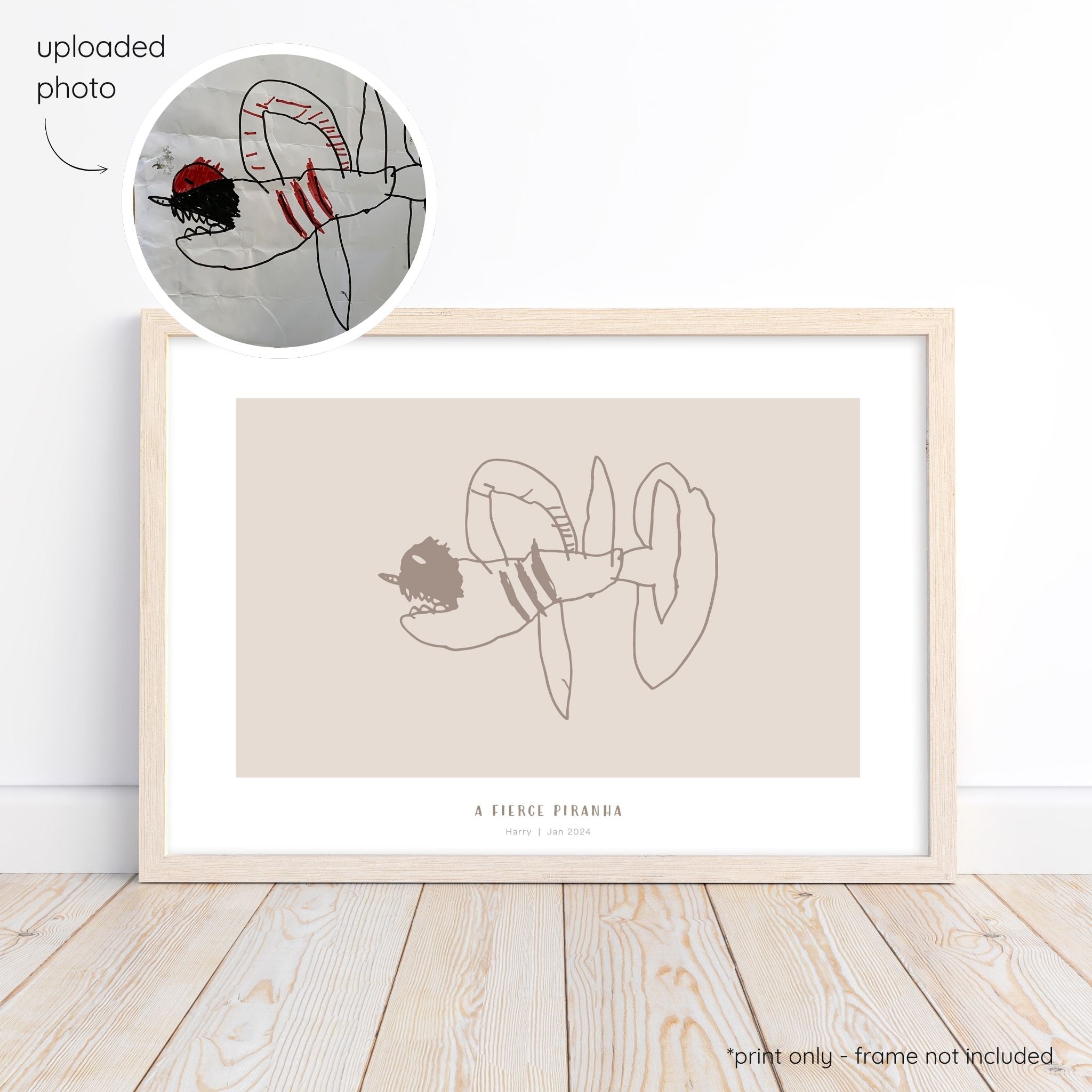 Framed mocha abstract line art print of a child's drawing on a mushroom background with a close-up inset of the original drawing.