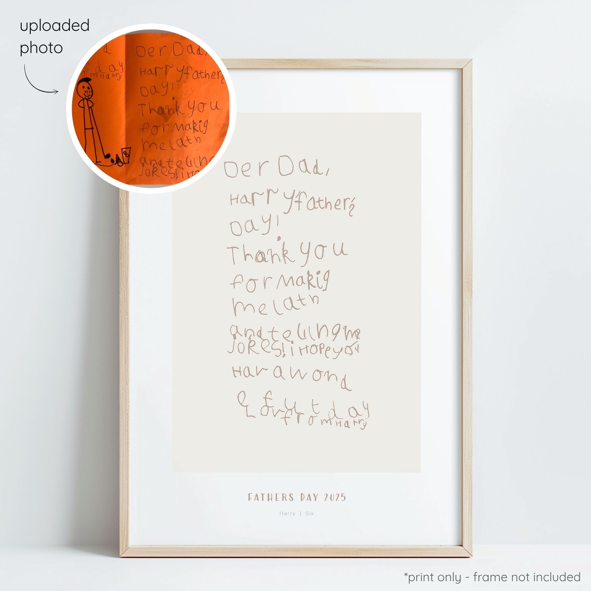 Framed almond abstract line art print of a child's drawing on a oat background with a close-up inset of the original drawing.