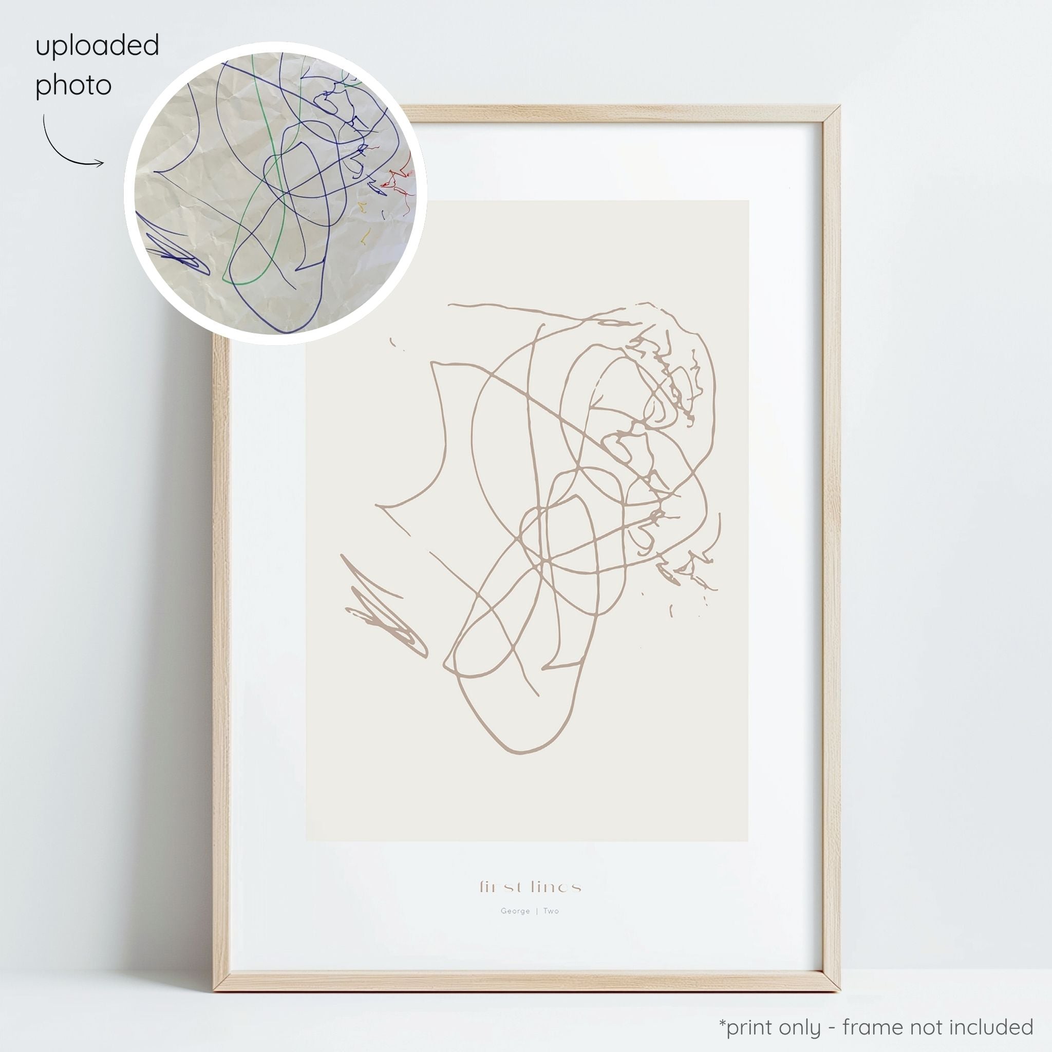 Framed almond abstract line art print of a child's drawing on a oat background with a close-up inset of the original drawing.