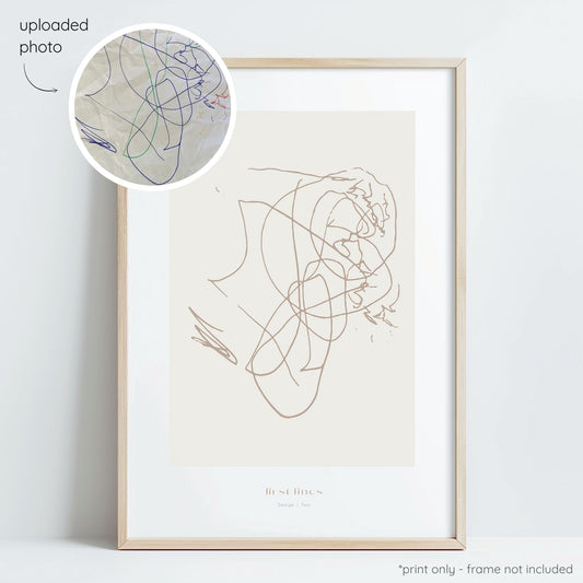 Framed almond abstract line art print of a child's drawing on a oat background with a close-up inset of the original drawing.