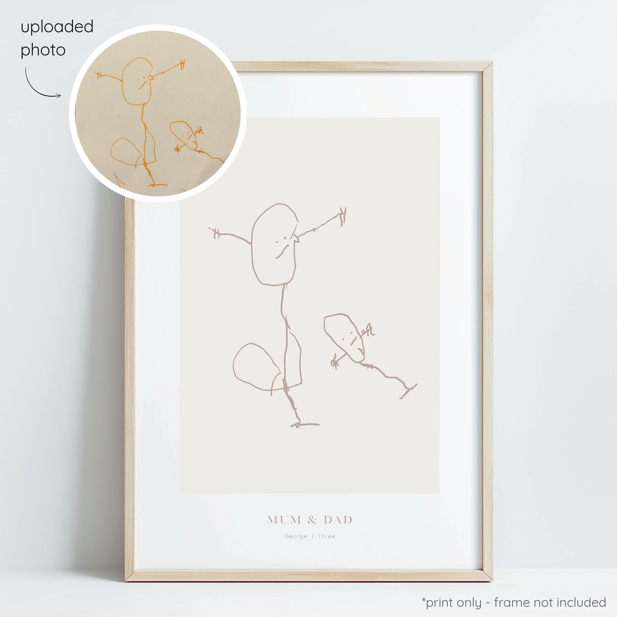 Framed almond abstract line art print of a child's drawing on a oat background with a close-up inset of the original drawing.