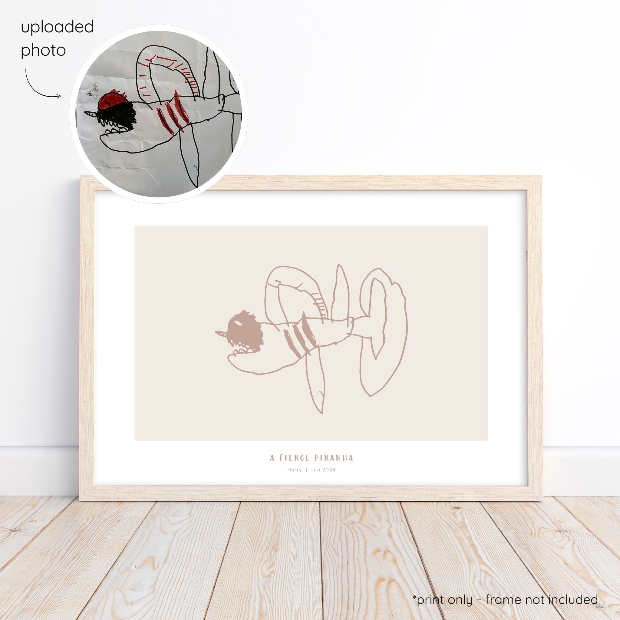 Framed almond abstract line art print of a child's drawing on a oat background with a close-up inset of the original drawing.