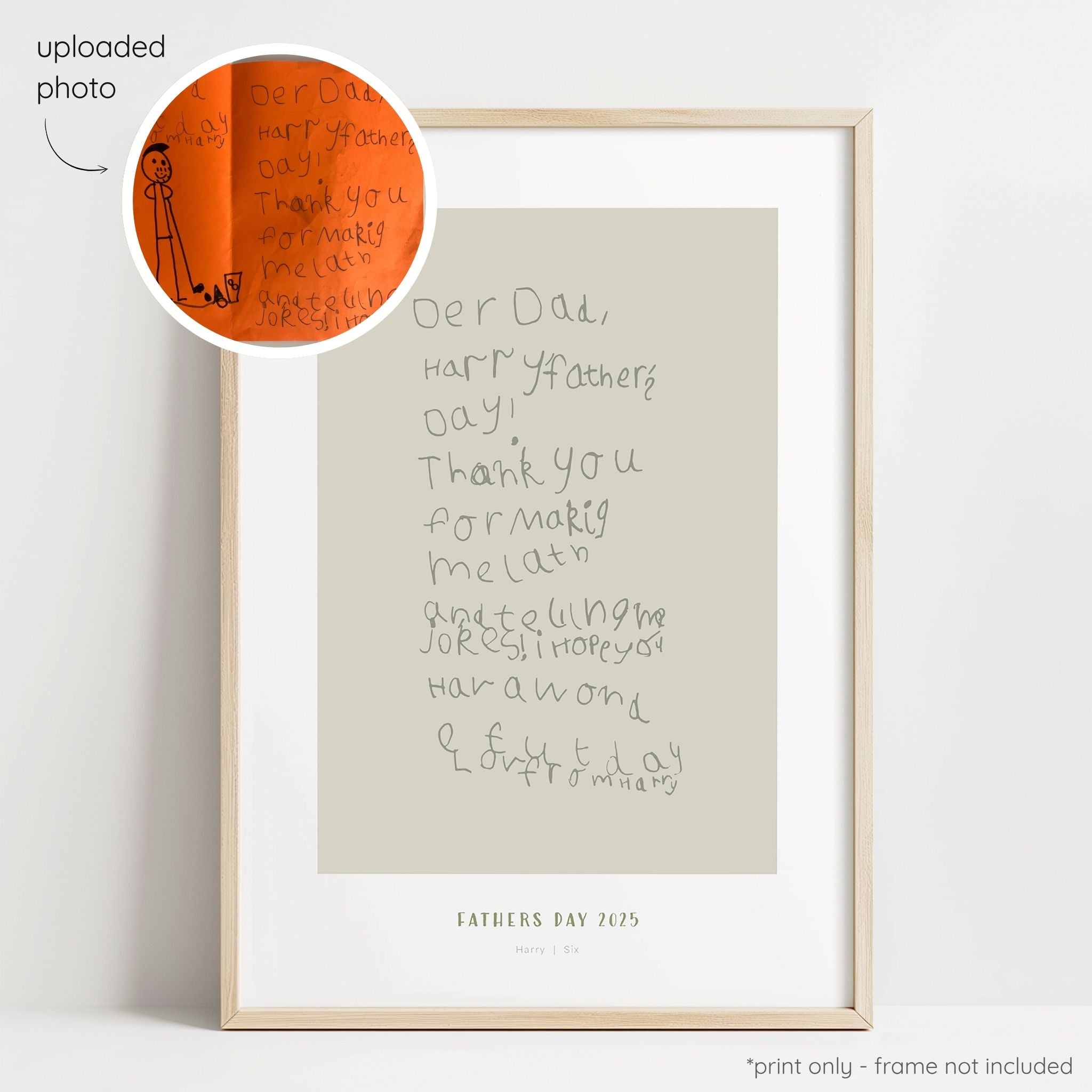 Framed olive abstract line art print of a child's drawing on a sage background with a close-up inset of the original drawing.