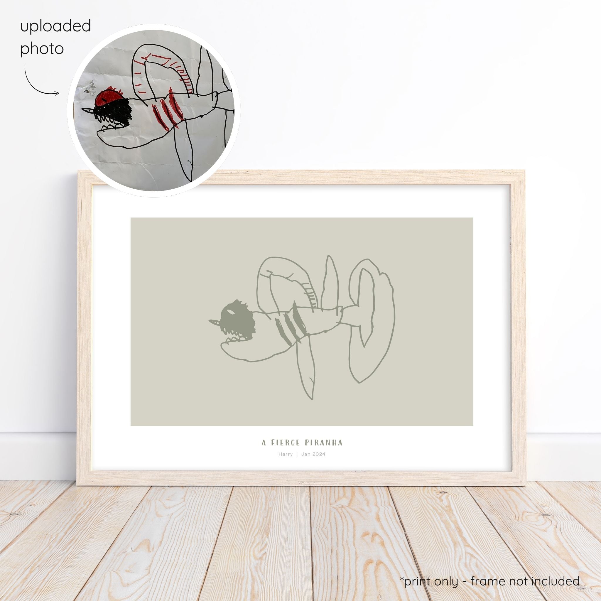 Framed olive abstract line art print of a child's drawing on a sage background with a close-up inset of the original drawing.