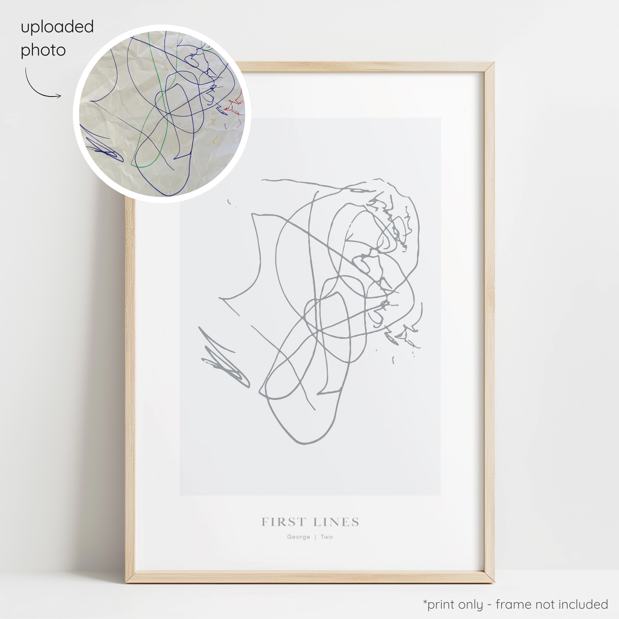 Framed dark grey abstract line art print of a child's drawing on a light grey background with a close-up inset of the original drawing.