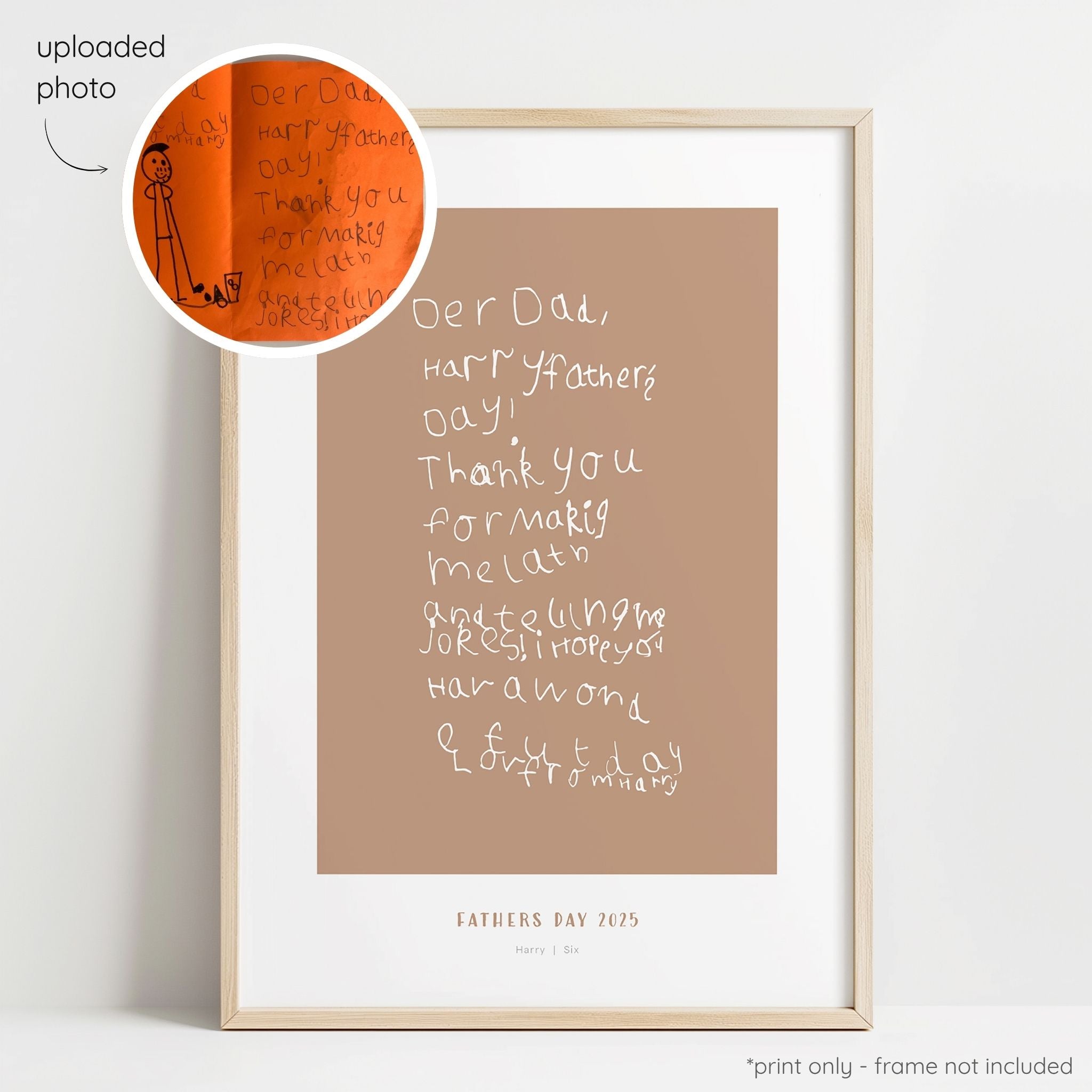 Framed white abstract line art print of a child's drawing on a terracotta background with a close-up inset of the original drawing.