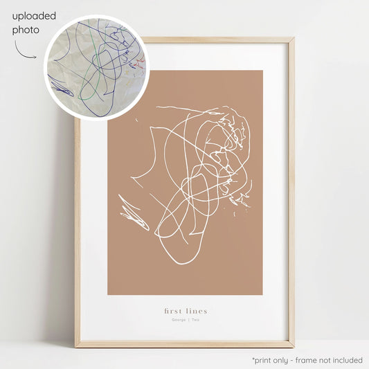Framed white abstract line art print of a child's drawing on a terracotta background with a close-up inset of the original drawing.