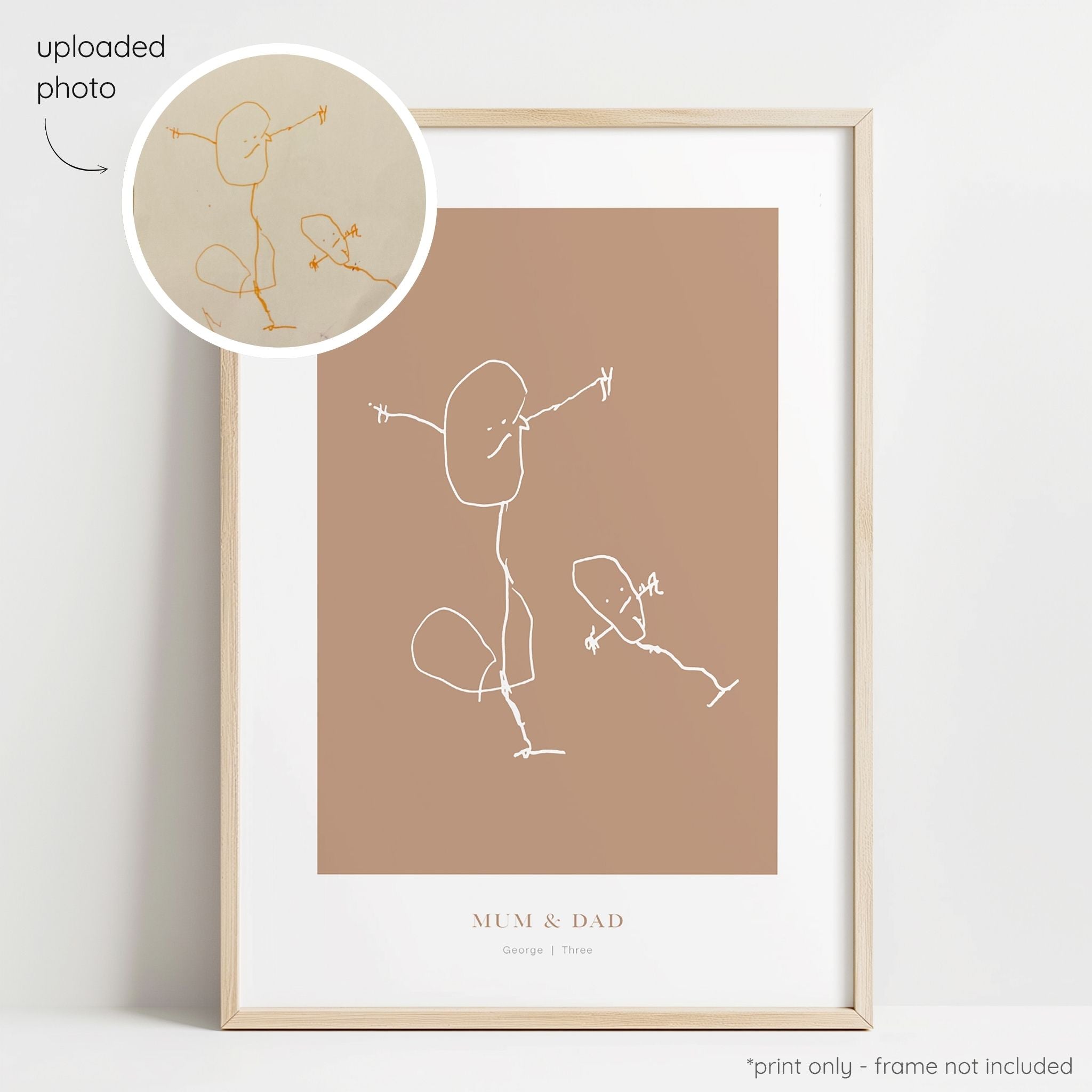Framed white abstract line art print of a child's drawing on a terracotta background with a close-up inset of the original drawing.