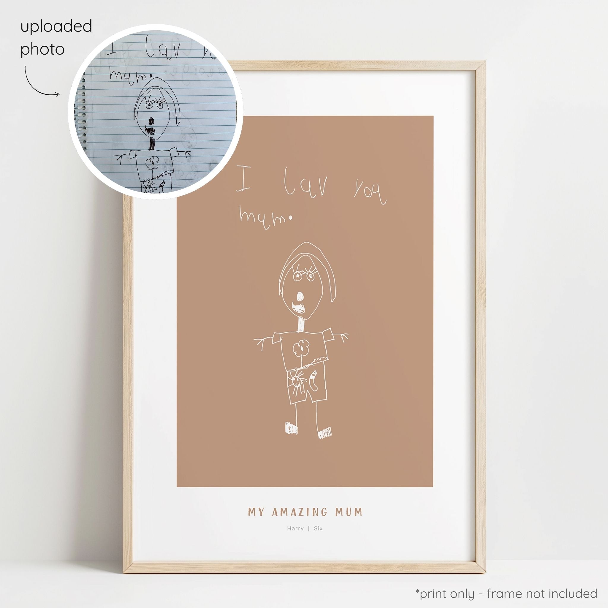 Framed white abstract line art print of a child's drawing on a terracotta background with a close-up inset of the original drawing.