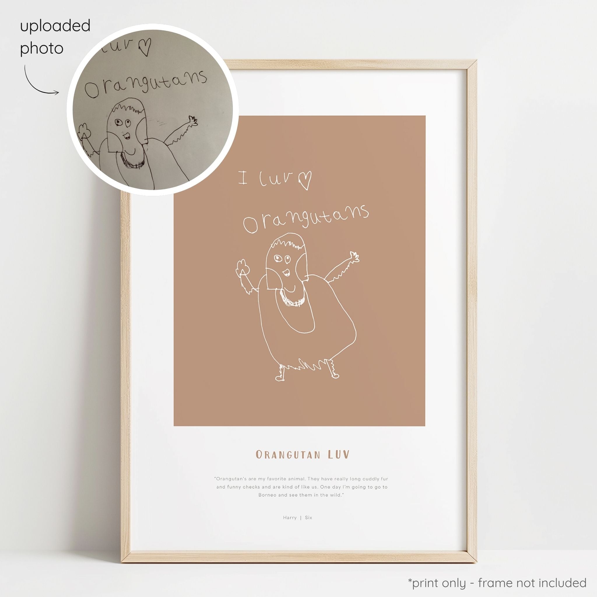 Framed white abstract line art print of a child's drawing on a terracotta background with a close-up inset of the original drawing.