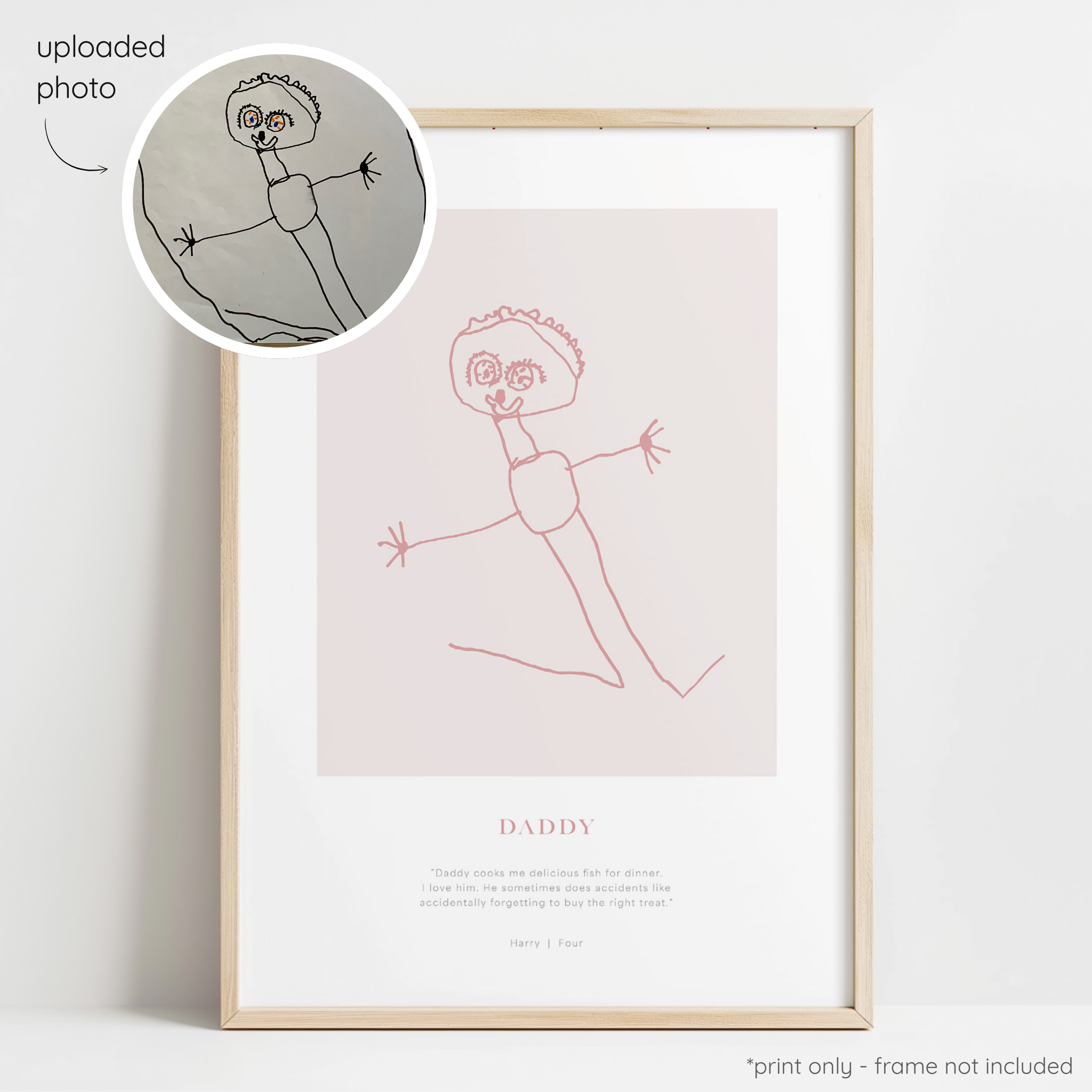 Framed berry abstract line art print of a child's drawing on a blush background with a close-up inset of the original drawing.