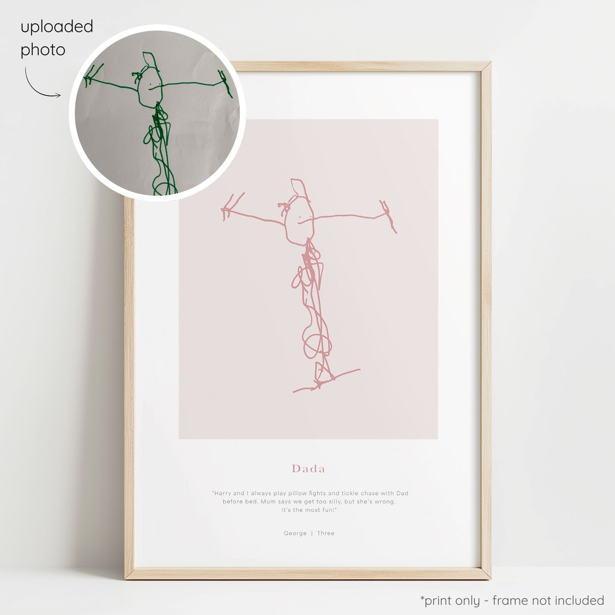 Framed berry abstract line art print of a child's drawing on a blush background with a close-up inset of the original drawing.