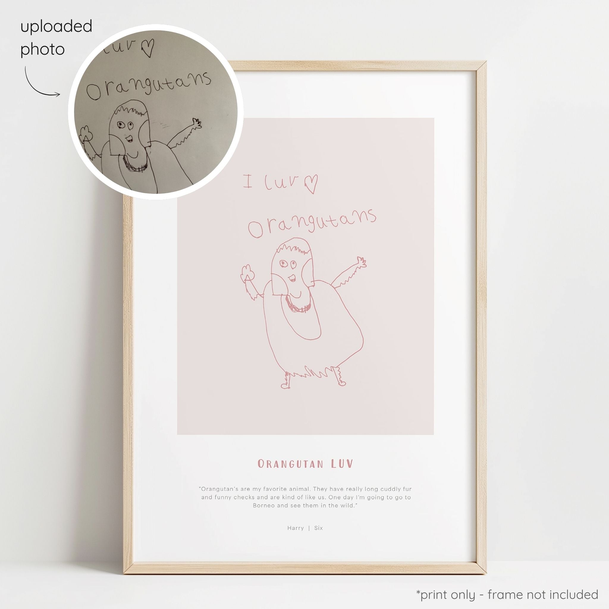 Framed berry abstract line art print of a child's drawing on a blush background with a close-up inset of the original drawing.