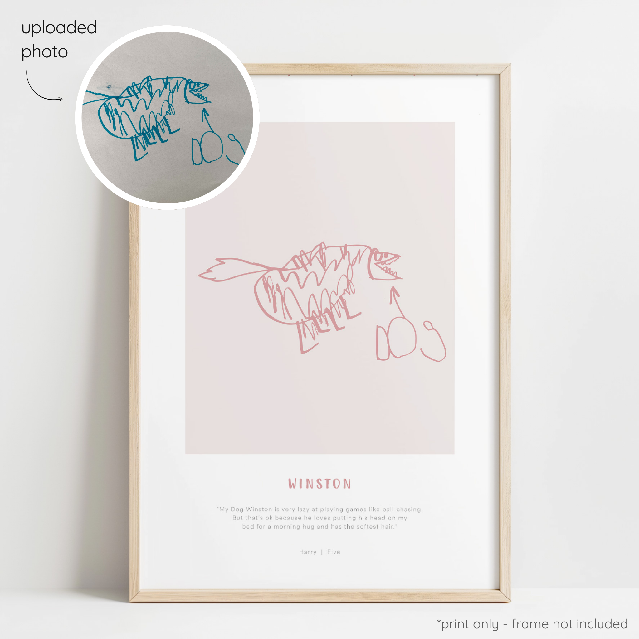 Framed berry abstract line art print of a child's drawing on a blush background with a close-up inset of the original drawing.