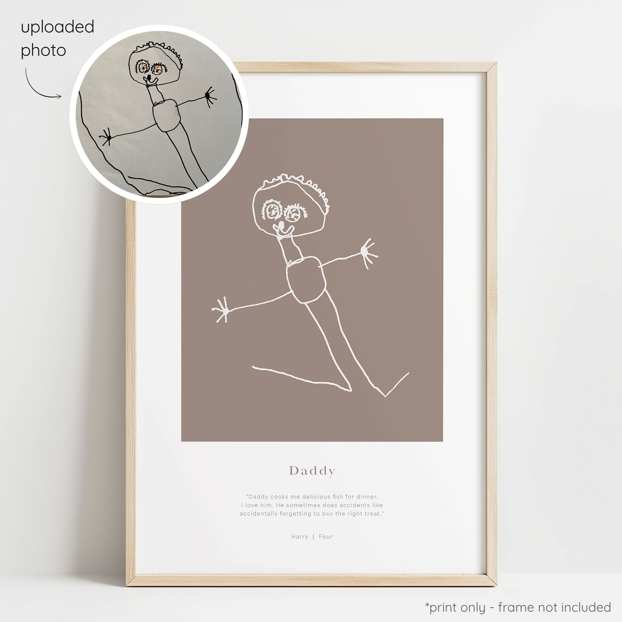 Framed white abstract line art print of a child's drawing on a cocoa background with a close-up inset of the original drawing.