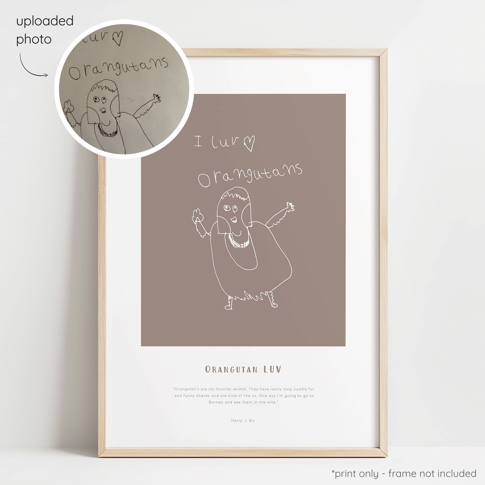 Framed white abstract line art print of a child's drawing on a cocoa background with a close-up inset of the original drawing.