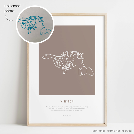 Framed white abstract line art print of a child's drawing on a cocoa background with a close-up inset of the original drawing.