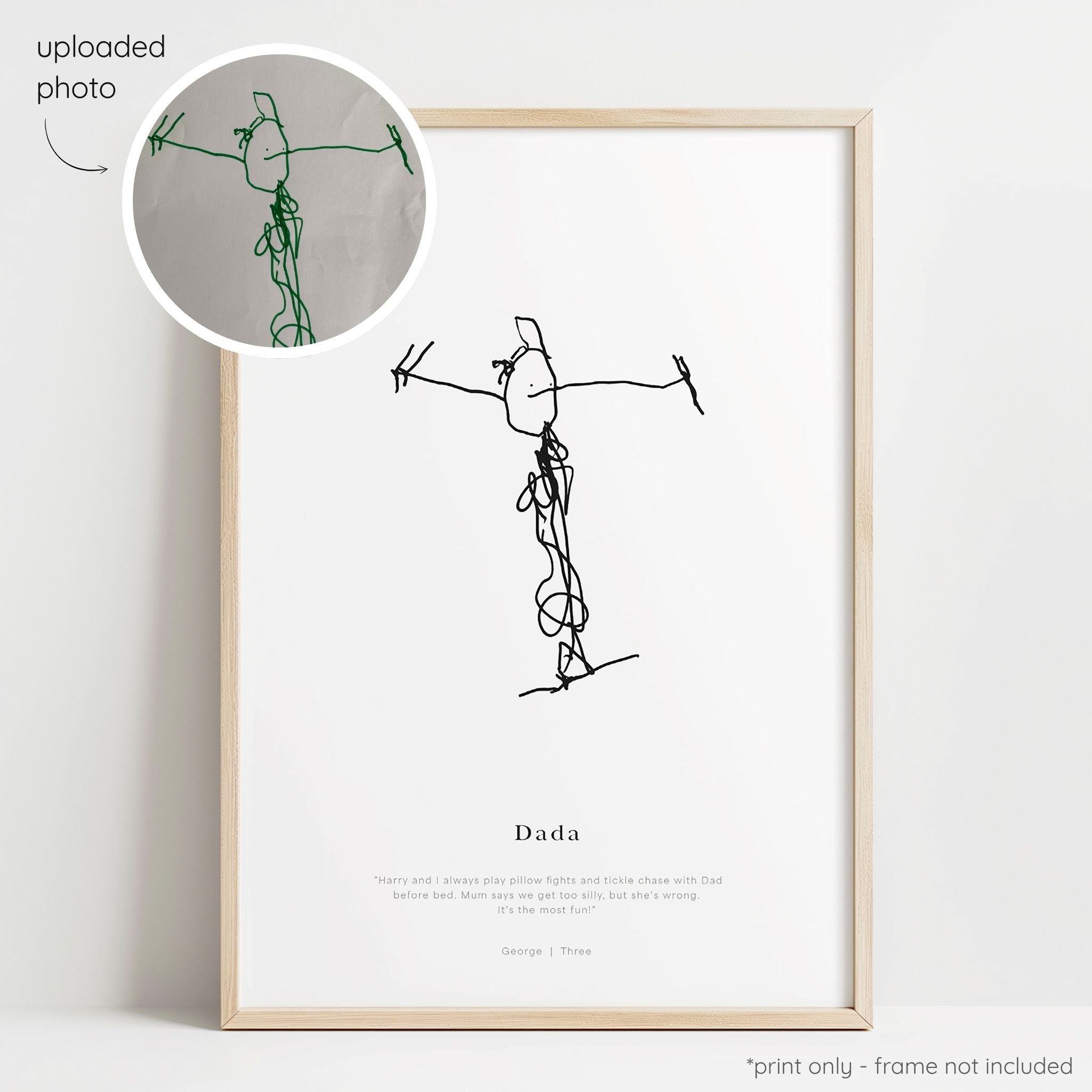 Framed black abstract line art print of a child's drawing on a white background with a close-up inset of the original drawing.