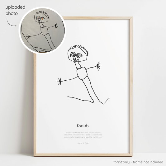 Framed black abstract line art print of a child's drawing on a white background with a close-up inset of the original drawing.