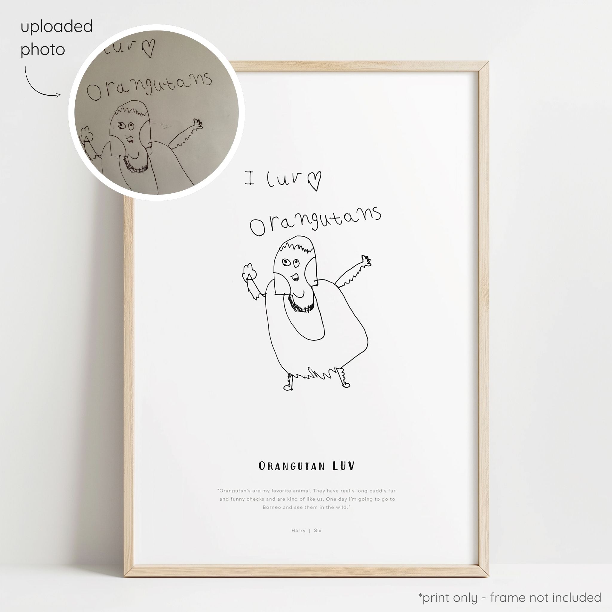Framed black abstract line art print of a child's drawing on a white background with a close-up inset of the original drawing.