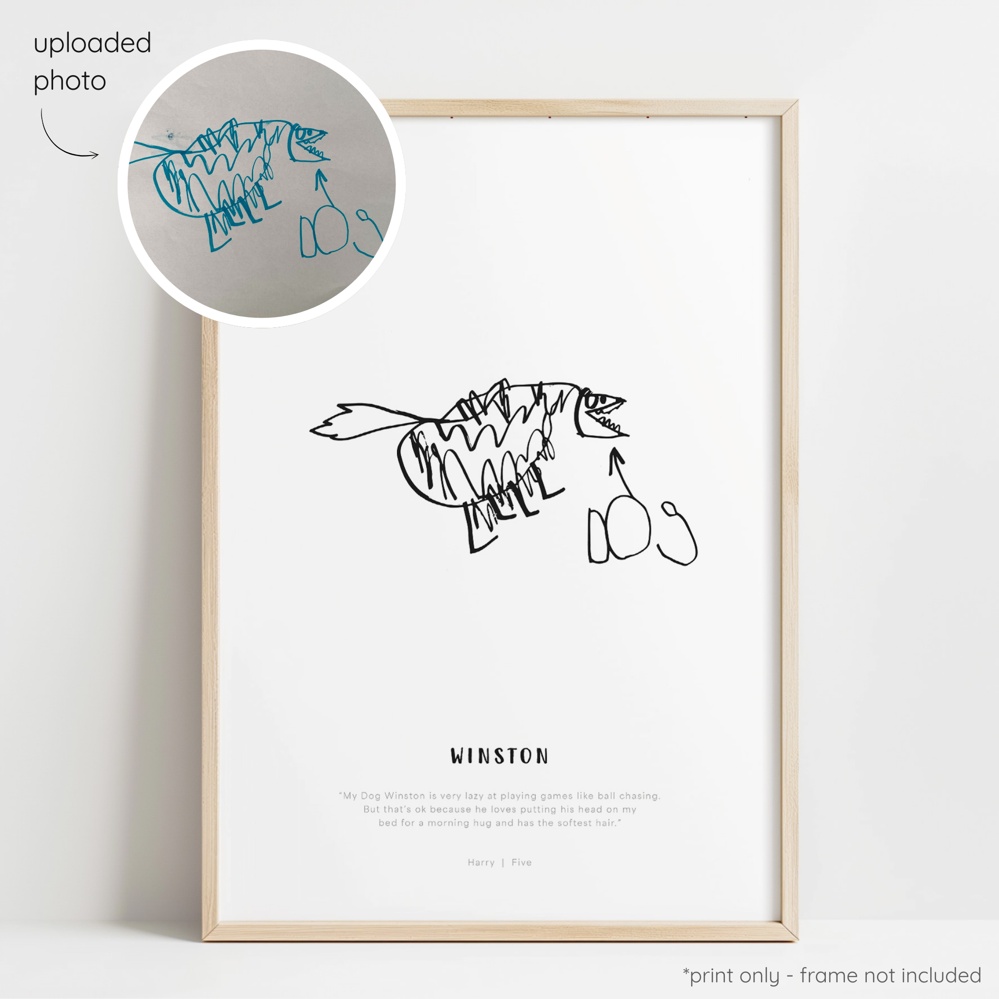 Framed black abstract line art print of a child's drawing on a white background with a close-up inset of the original drawing.