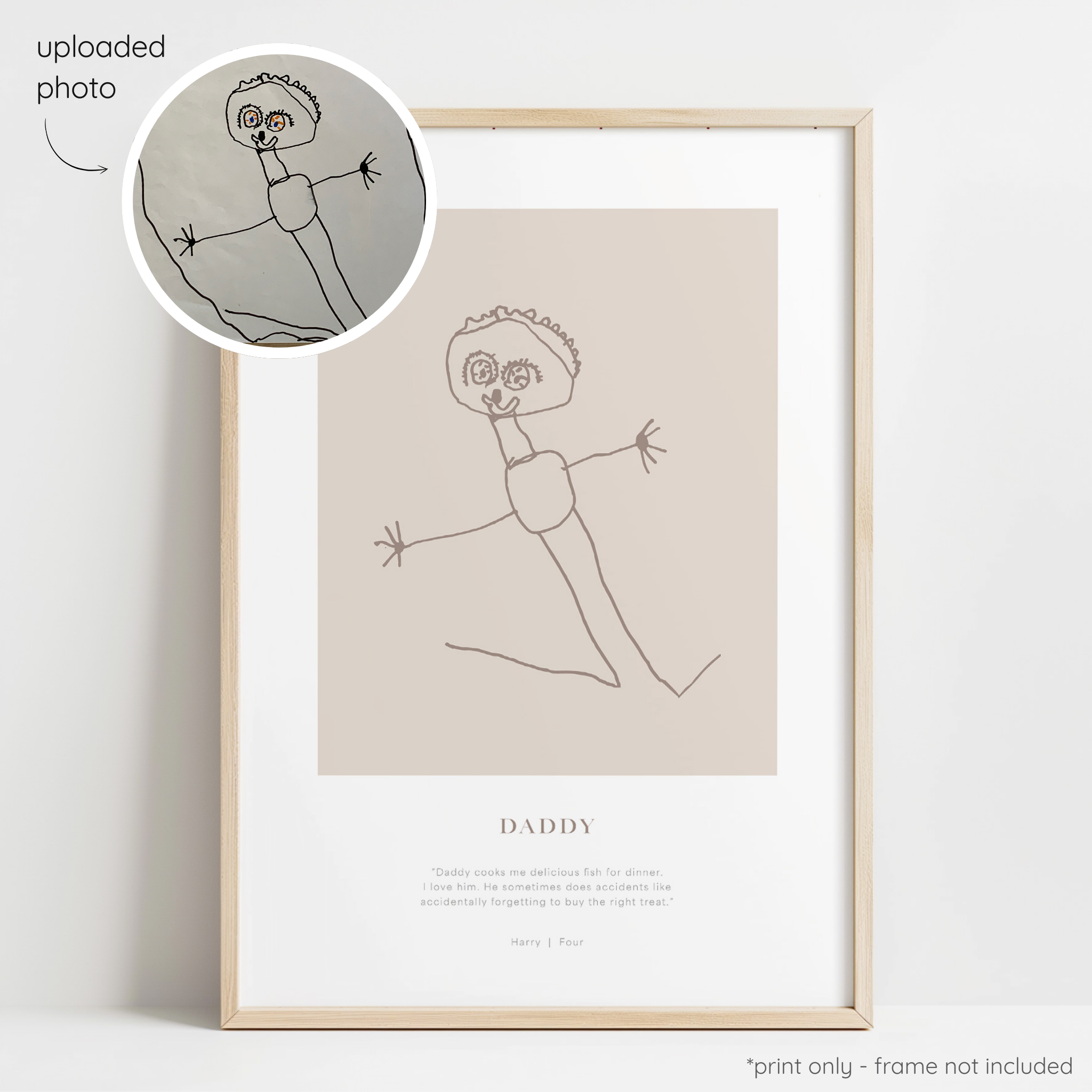 Framed mocha abstract line art print of a child's drawing on a mushroom background with a close-up inset of the original drawing.