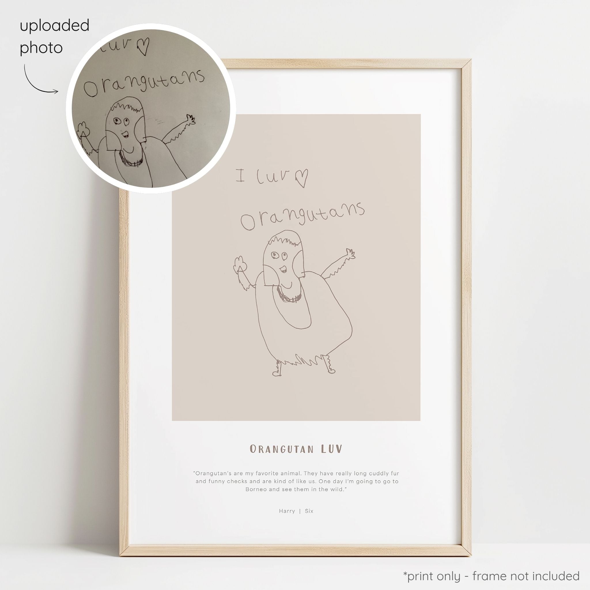 Framed mocha abstract line art print of a child's drawing on a mushroom background with a close-up inset of the original drawing.