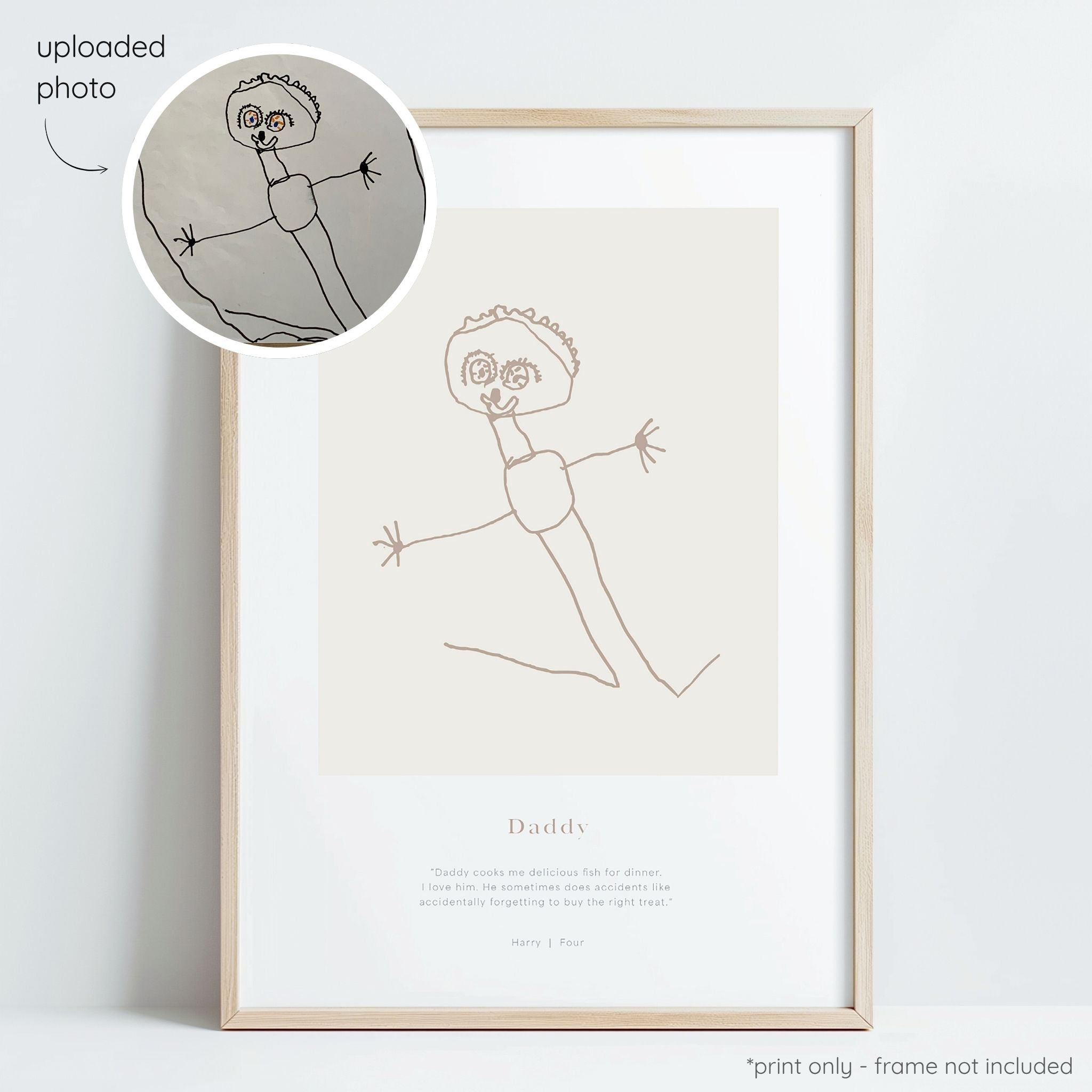 Framed almond abstract line art print of a child's drawing on a oat background with a close-up inset of the original drawing.