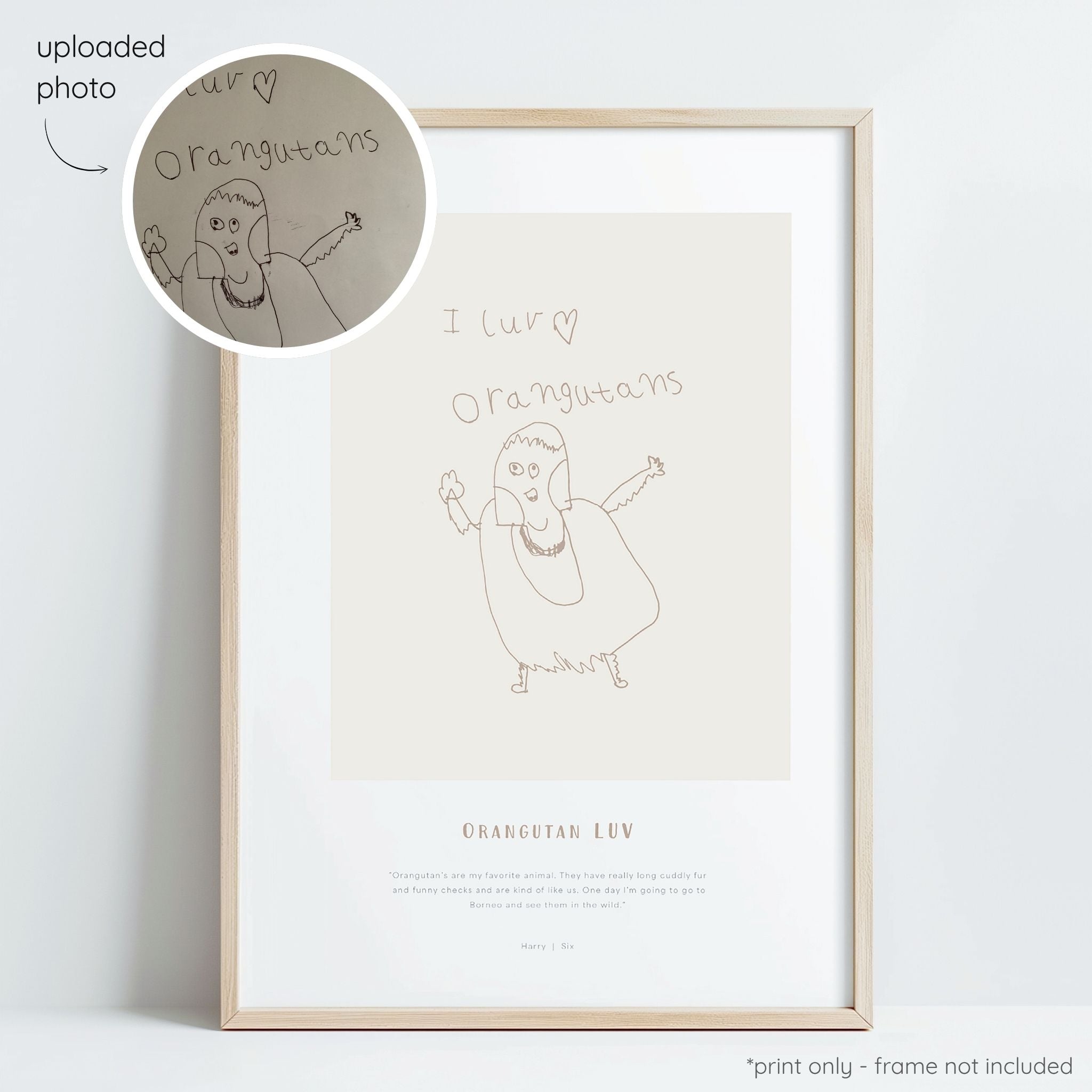 Framed almond abstract line art print of a child's drawing on a oat background with a close-up inset of the original drawing.