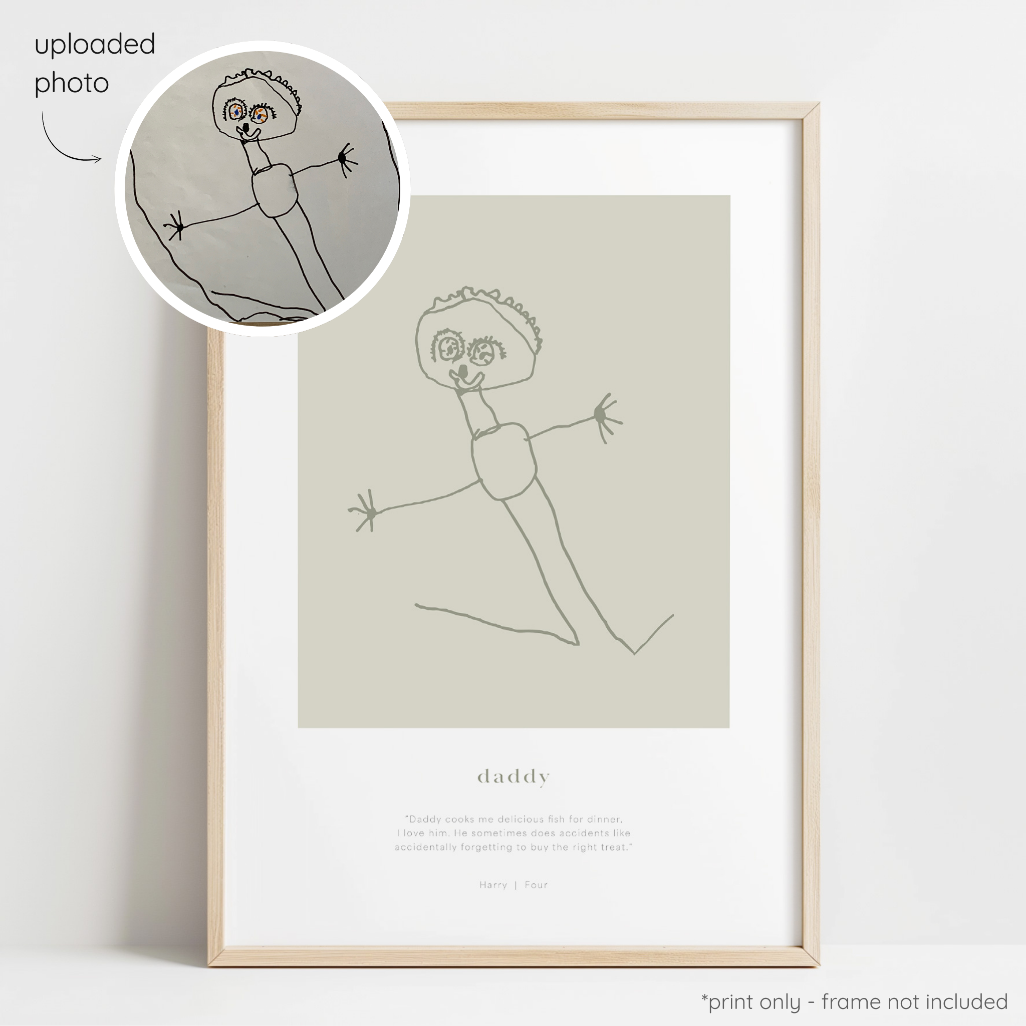 Framed olive abstract line art print of a child's drawing on a sage background with a close-up inset of the original drawing.