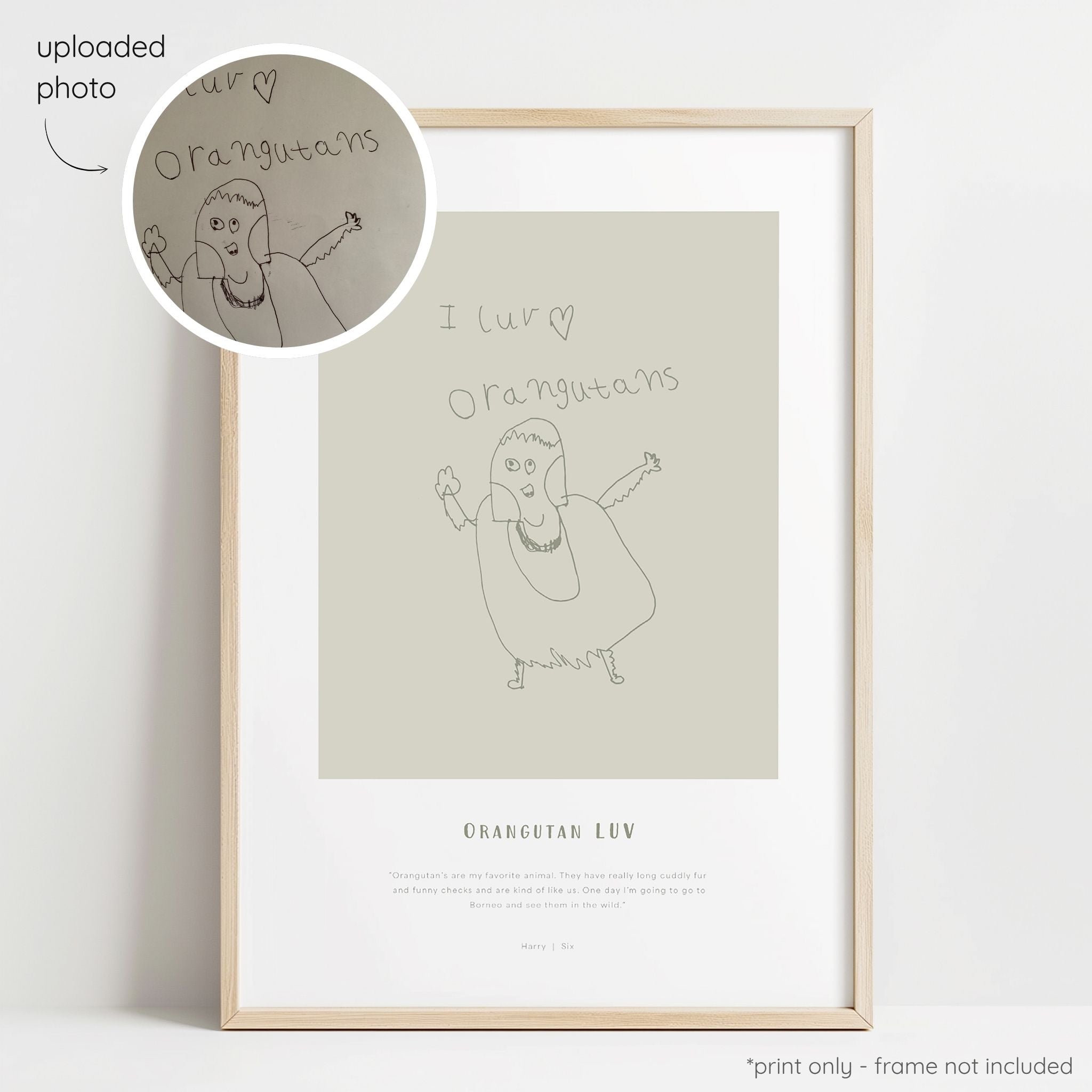 Framed olive abstract line art print of a child's drawing on a sage background with a close-up inset of the original drawing.